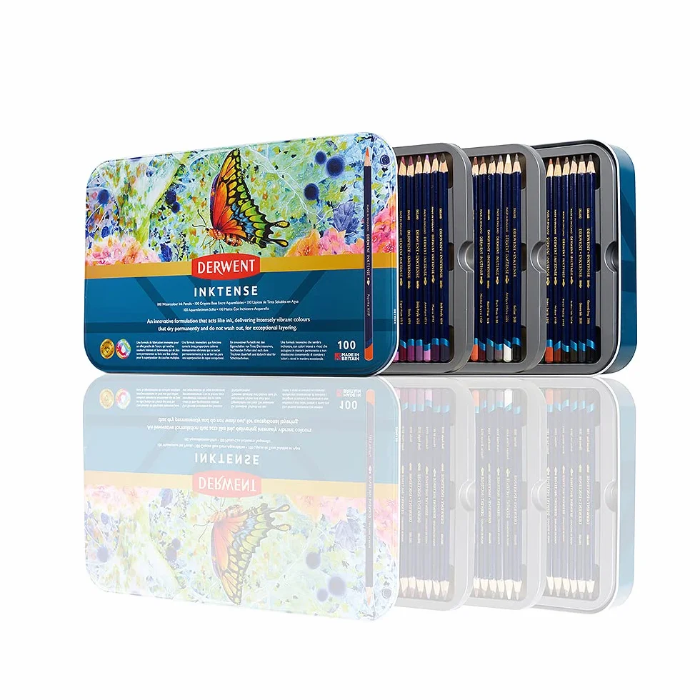 Derwent Inktense Scatola in Metallo da 100 Matite Acquerellabili Permanenti con Anima da 4 mm, Solubili in Acqua, Adatte per Colorare e Dipingere, 2306130