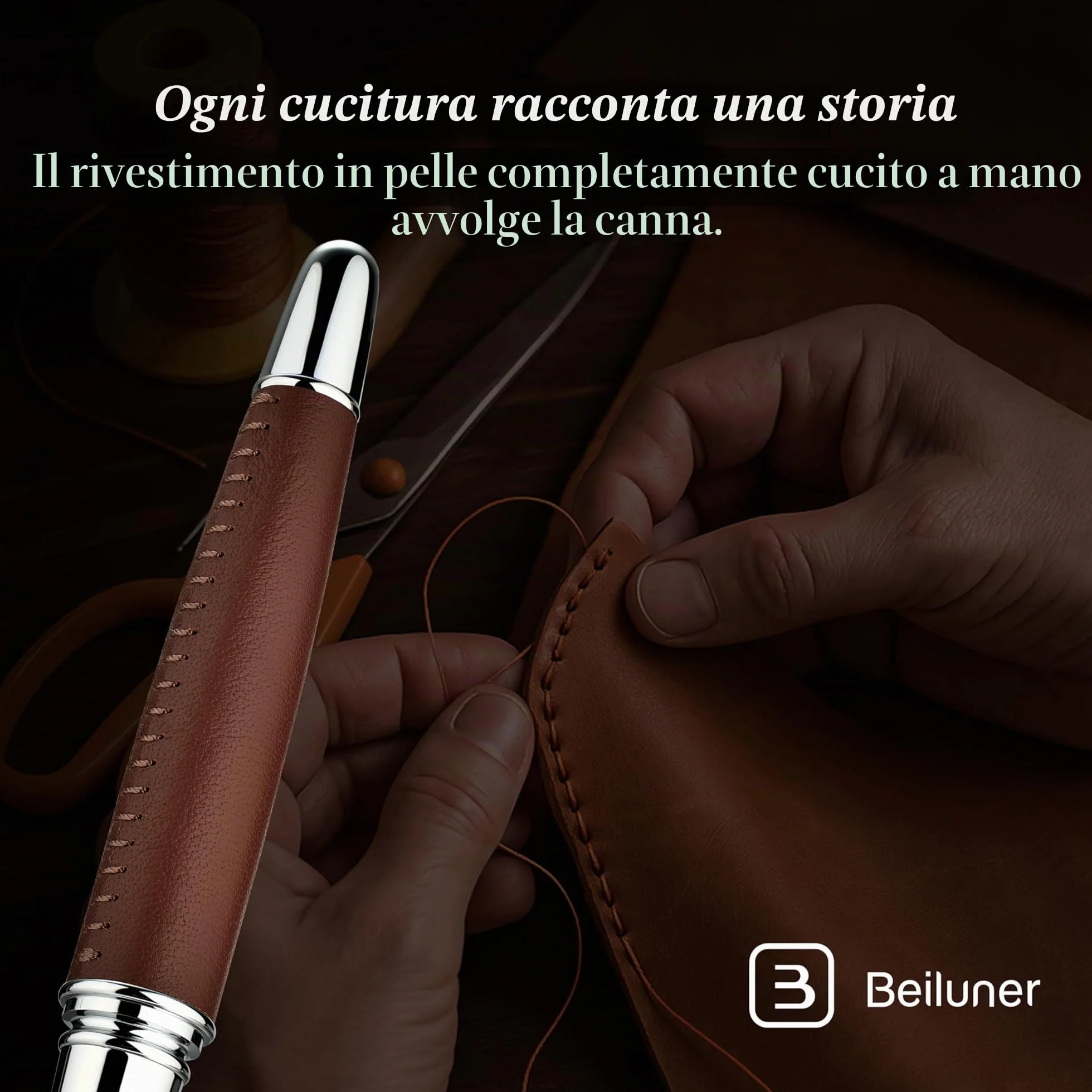 BEILUNER 318 Penna Rollerball di Lusso in Pelle, Pelle Premium Cucita a Mano & Finitura Cromata, Ricambio Schmidt, Miglior Set Regalo Manageriale per Uomo e Donna, Penna Riempiibile - Marrone