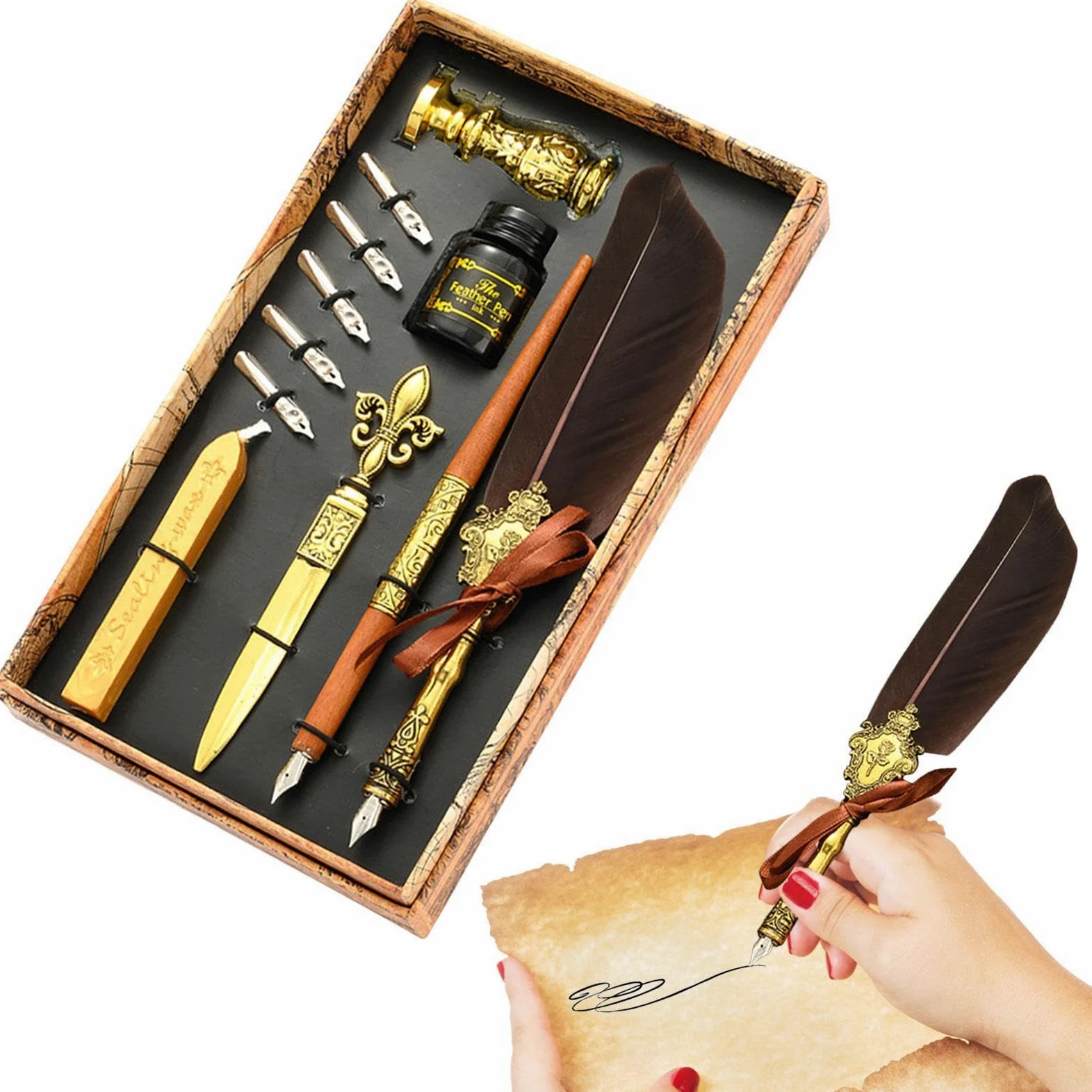 Set di inchiostro con piuma d'oca | Set di penne per calligrafia con piuma | d'oca | Set di sigilli per ceralacca aggiornato con punte di ricambio, penna vintage Signature Pen Set regalo