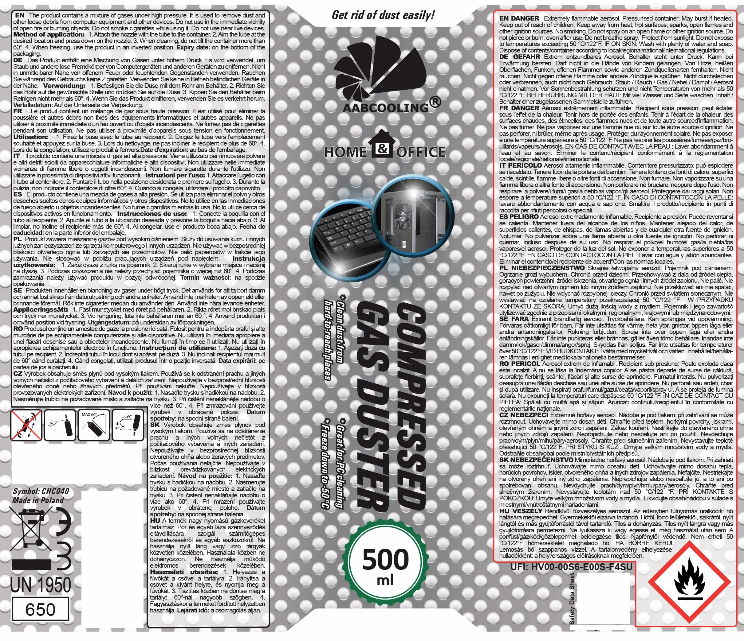 AABCOOLING Home&Office 9x 500ml Aria Compressa – Pulizia PC, Raffreddamento, Dissipatore CPU, Tastiera, Laptop, Bomboletta, Soffiatore Polvere, Air Duster, K1
