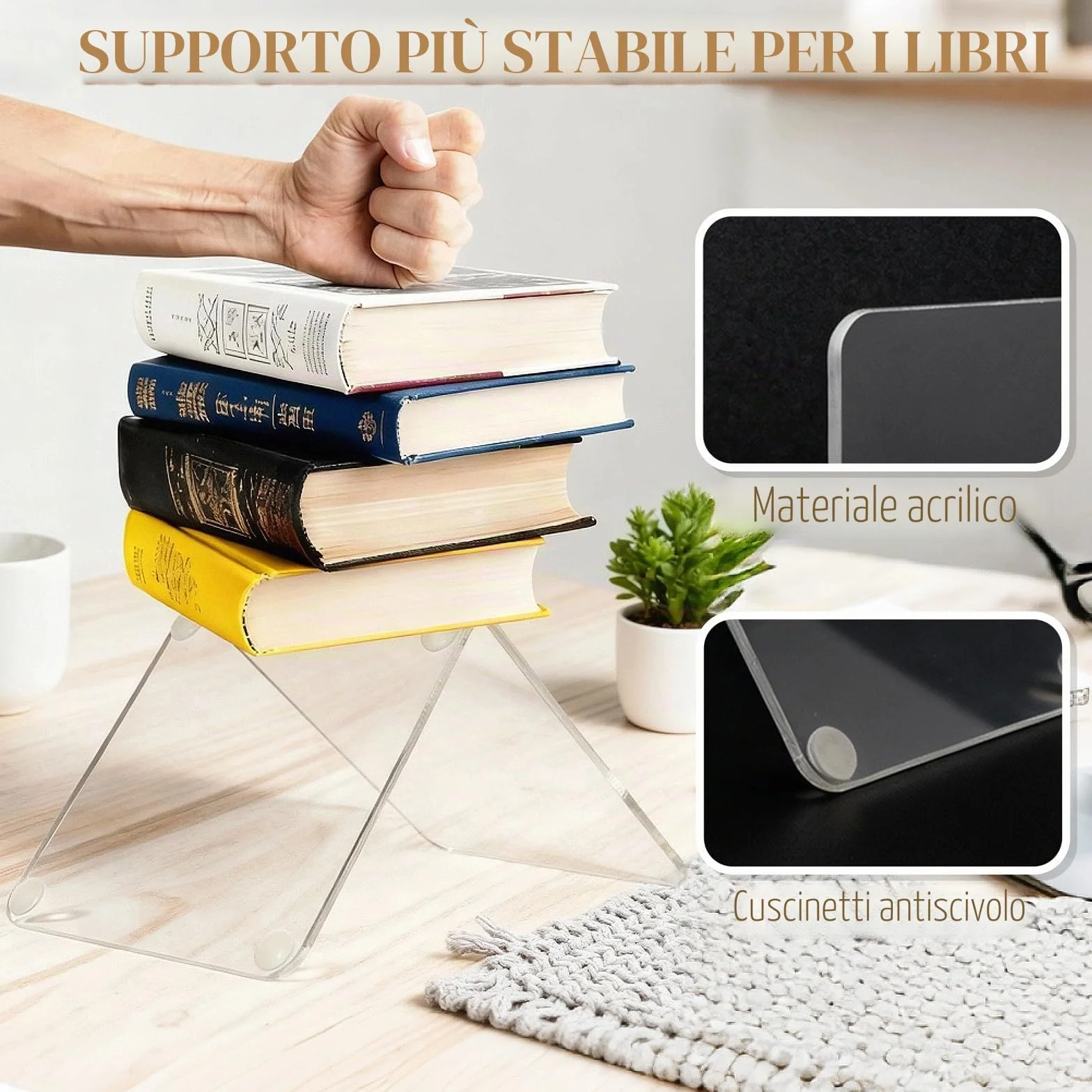 Fermalibri in Acrilico Trasparente 6 Pezzi con Tappetini Antiscivolo, Spessore 3 mm, 10x10x13 cm per Libreria