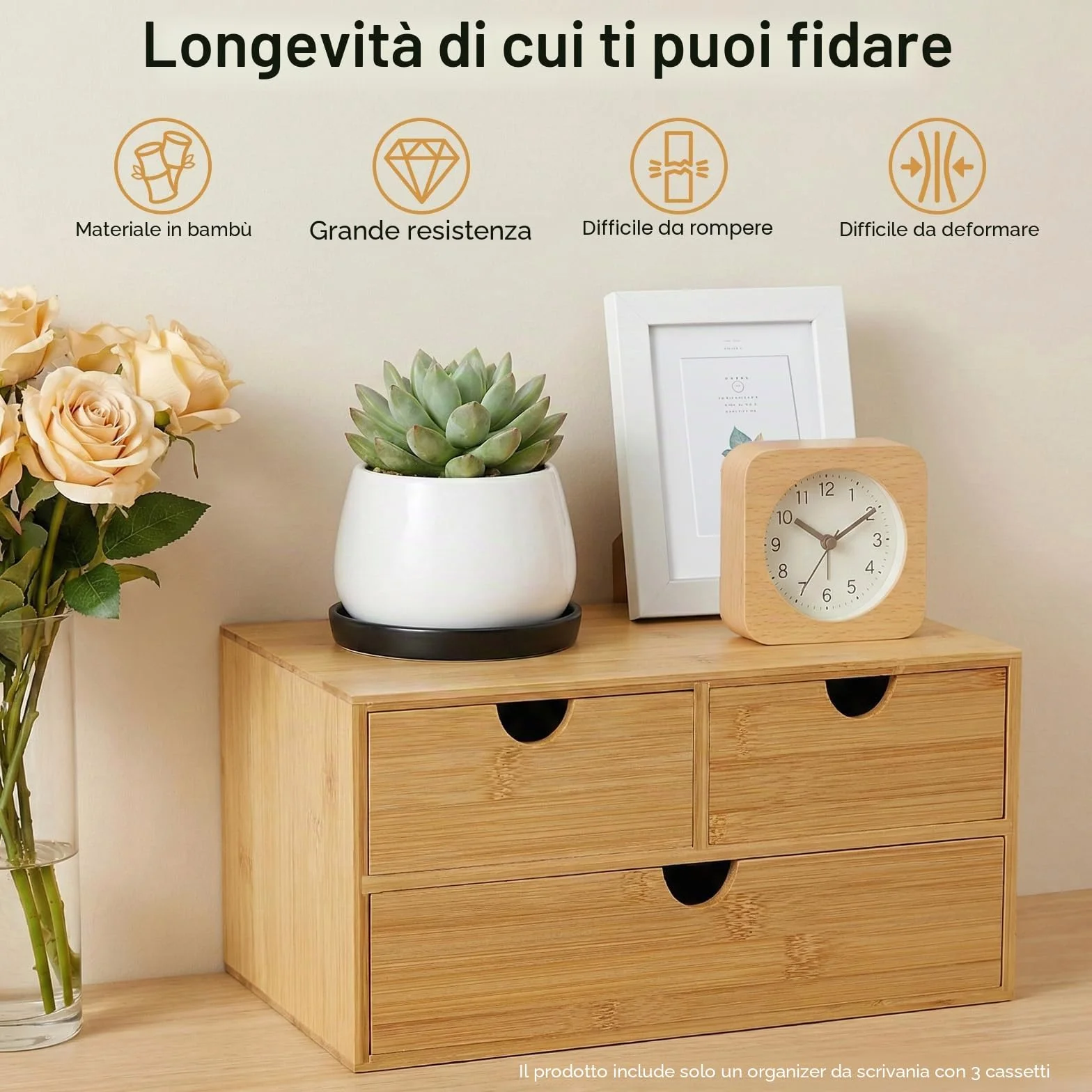 Organizer da scrivania in bambù con cassetti, mini cassettiera in bambù, design monoblocco, scatola per trucco con 3 cassetti, per ufficio, soggiorno e camera da letto
