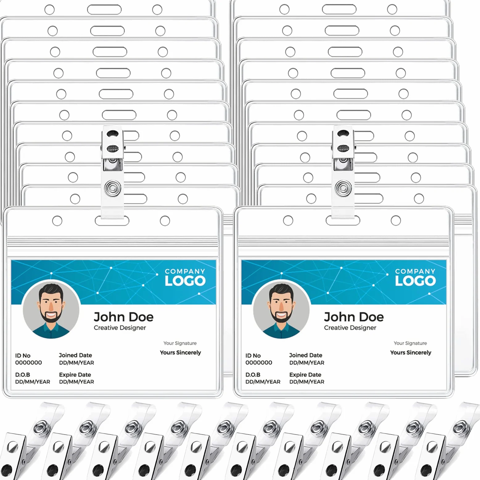 Confezione da 100 porta badge con clip in PVC trasparente orizzontale e clip in metallo impermeabile, richiudibile, con chiusura a cerniera, con clip per badge