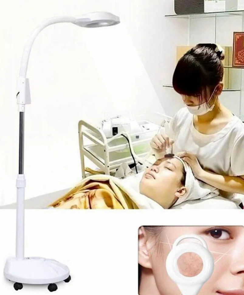 Lampada da Terra con Lente d'Ingrandimento - Lente d'Ingrandimento con Base a 5 Ruote e Braccio Flessibile - per lavori Professionali e Artigianali - Bianca