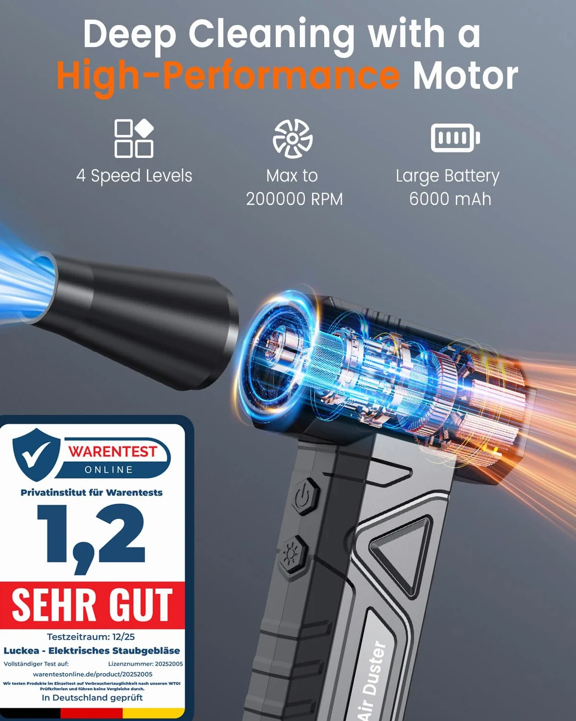 Aria Compressa Elettrico Rimuovi Polvere 200000 RPM - Air Duster 4 Velocità, Mini Soffiatore a Batteria, Bomboletta Aria Compressa Spray per Tastiera Elettronica, W18, Nero