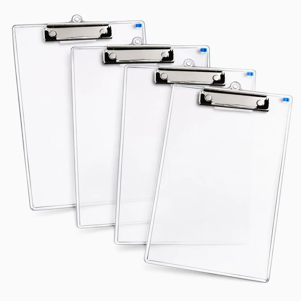 YAJNAS Portablocco in acrilico trasparente, formato A4, con robusta clip in metallo, lavagna in plastica trasparente, leggera e resistente, per ufficio, scuola, ospedale, magazzino, 34,9 x 23,5 cm (4