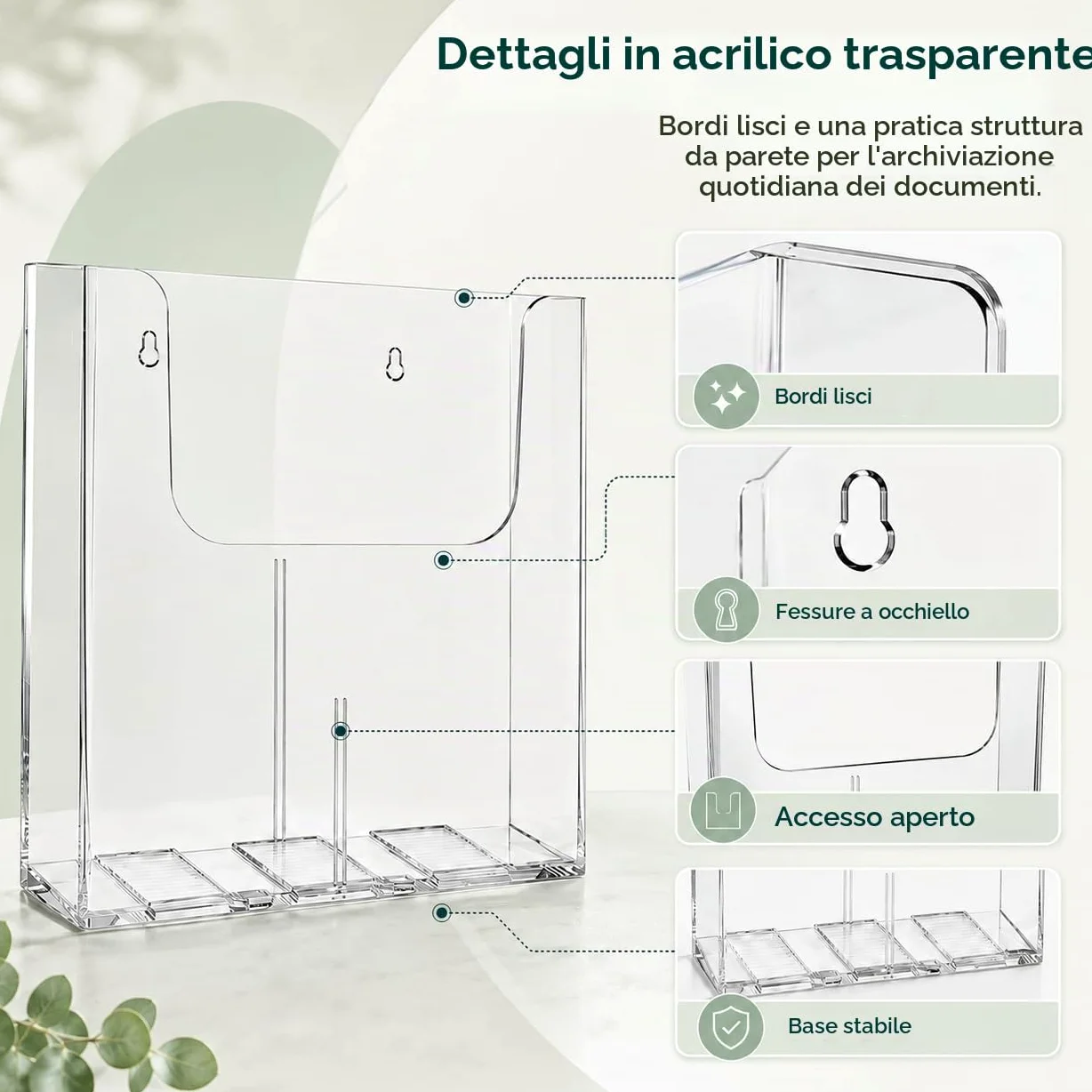 4 porta volantini da parete, formato A4, 250 x 225 x 42 mm, formato A4, trasparente, per presentazioni di riviste, menù in salotti, uffici, ristoranti, hotel