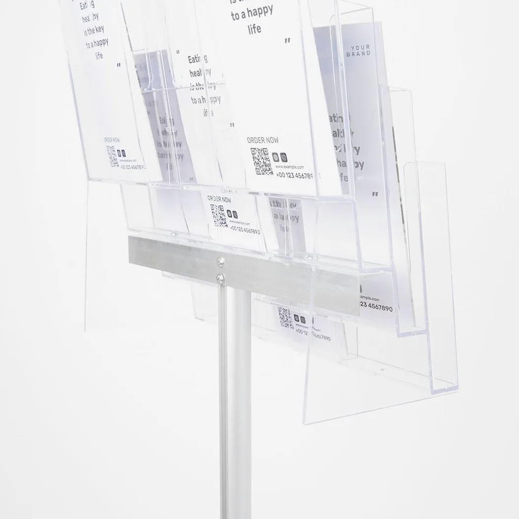 Danieli - Porta Depliant da Terra in Acrilico Trasparente 1/3 A4 con 12 tasche, per Riviste e Brochure. Porta Volantini Resistente da Utilizzare come Espositore per Ufficio, Negozi. (Alluminio Nero)