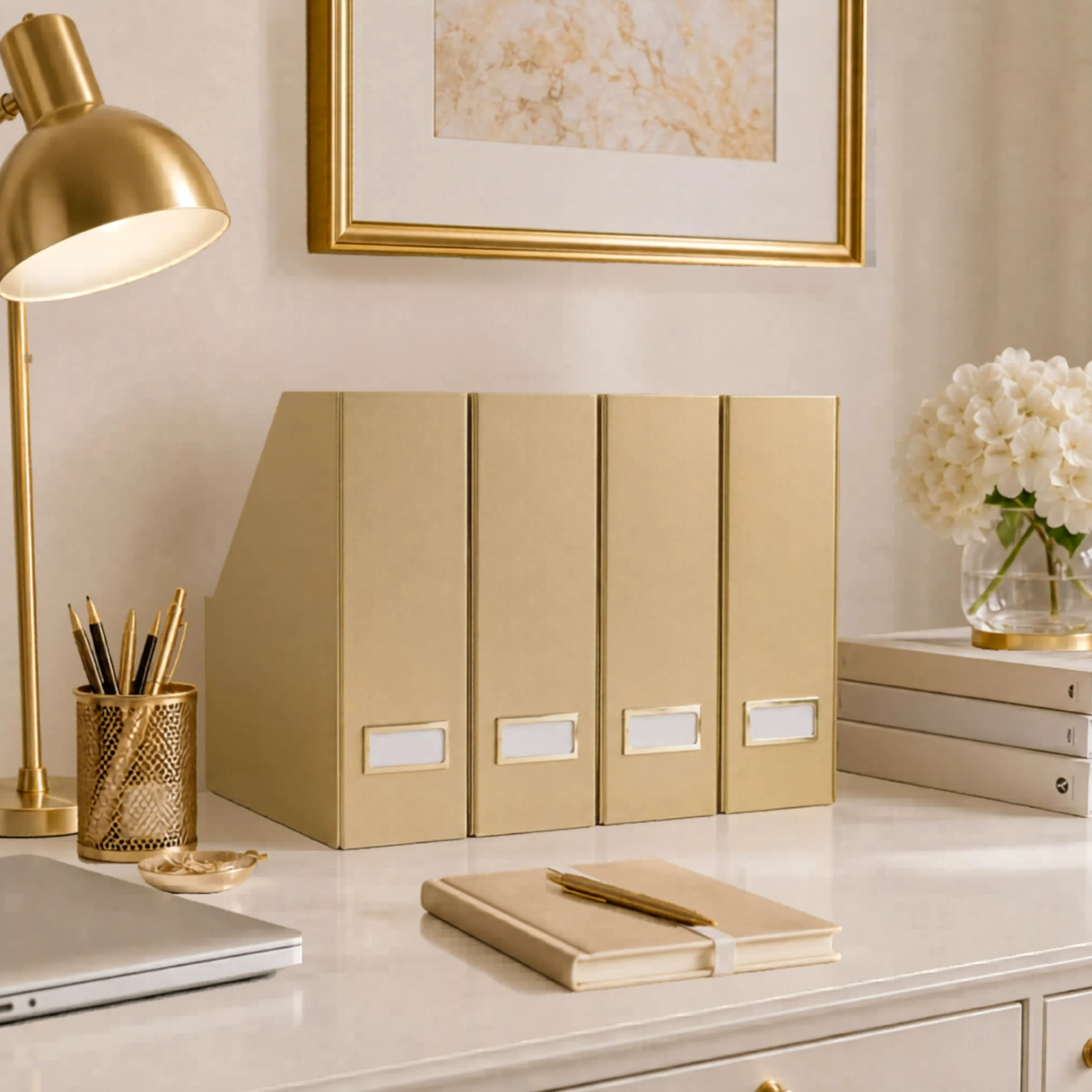 Blu Monaco Portariviste Pieghevole in Oro con Porta Etichette Oro - Set di 4 scatole Porta riviste in Cartone - Accessori da scrivania Dorati