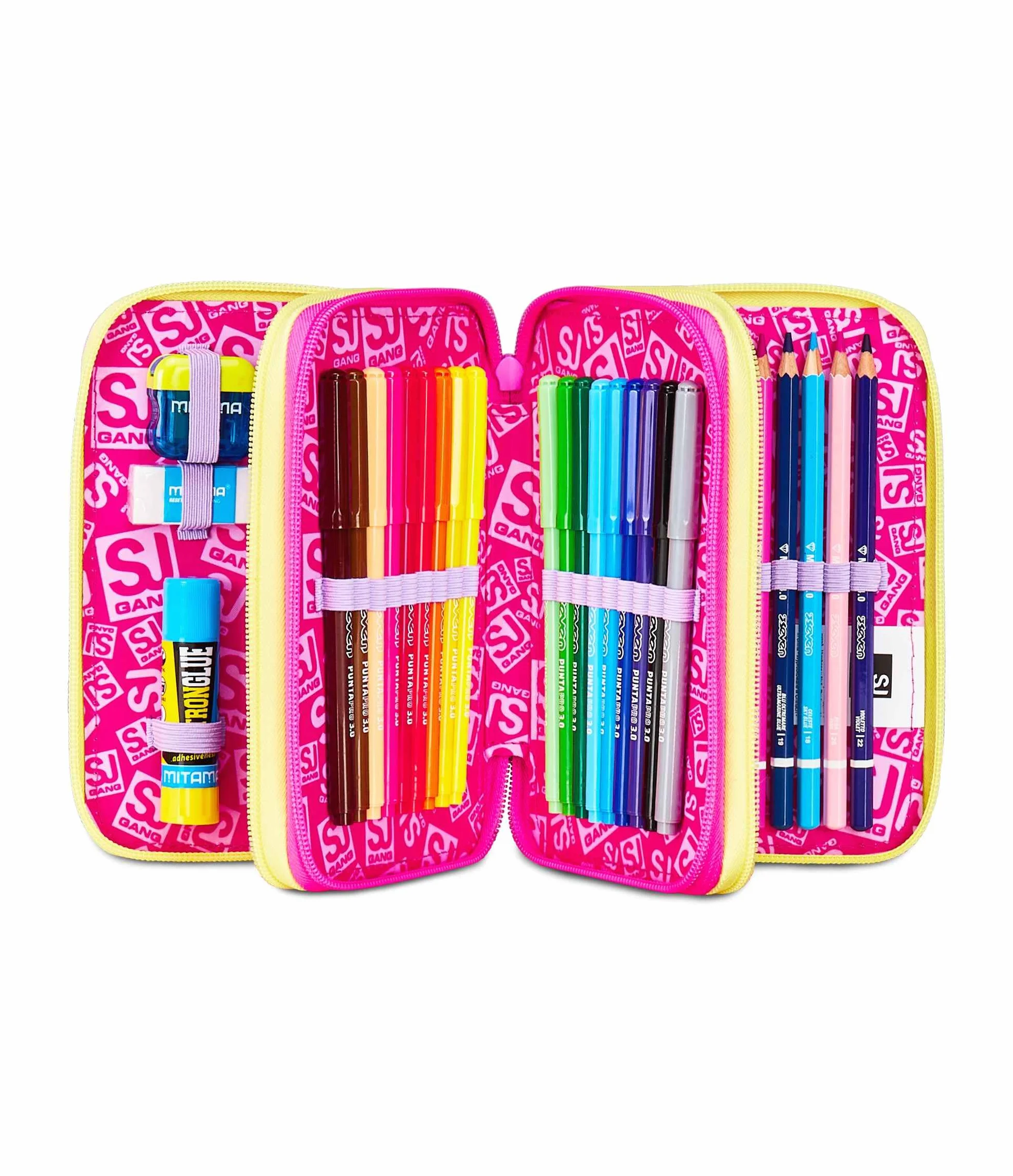 Astuccio Scuola 3 Zip Fucsia Arancio Portapenne Triplo Scomparto Completo