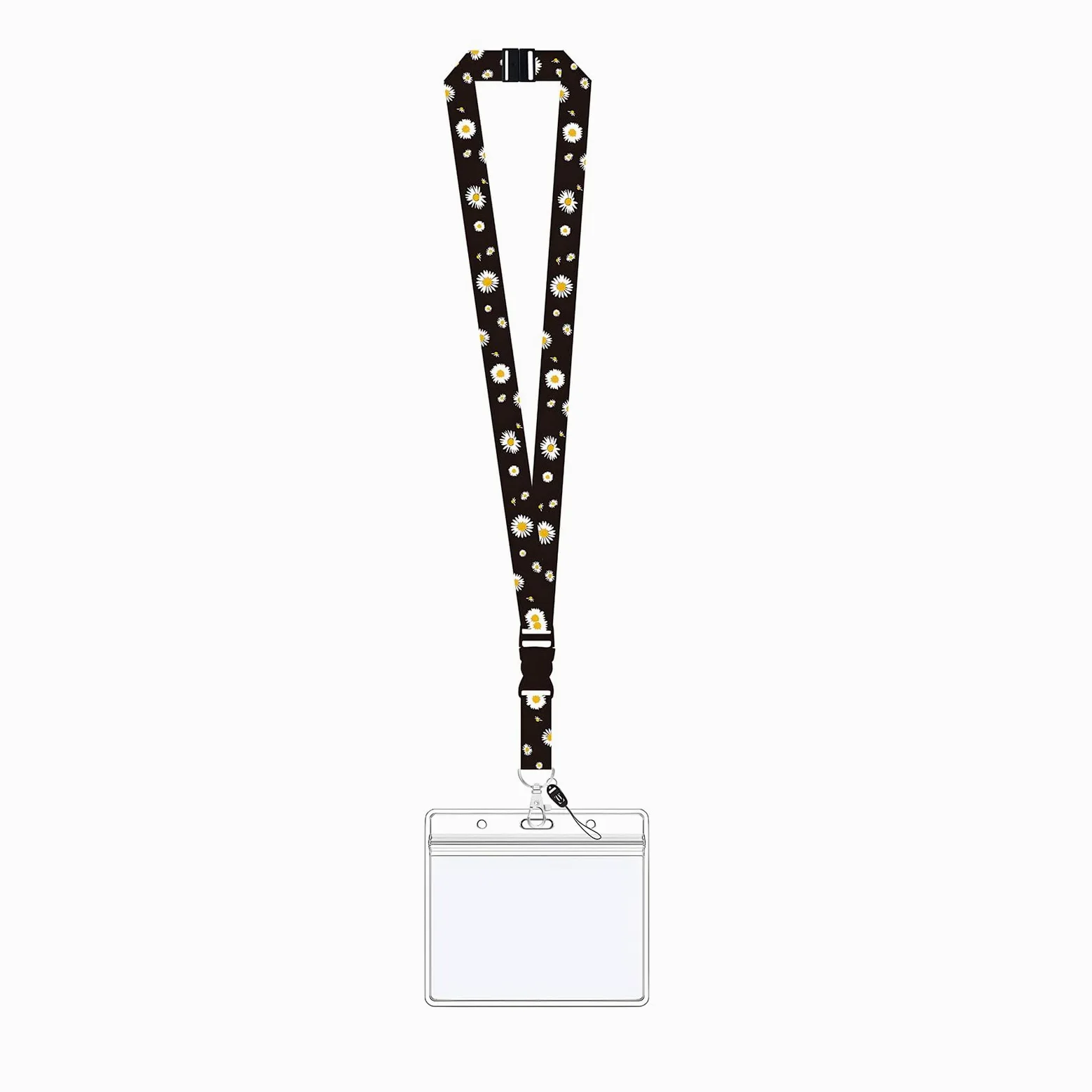 Porta badge con cordino Margherita – motivo fiori piccoli – fibbia regolabile e custodia trasparente