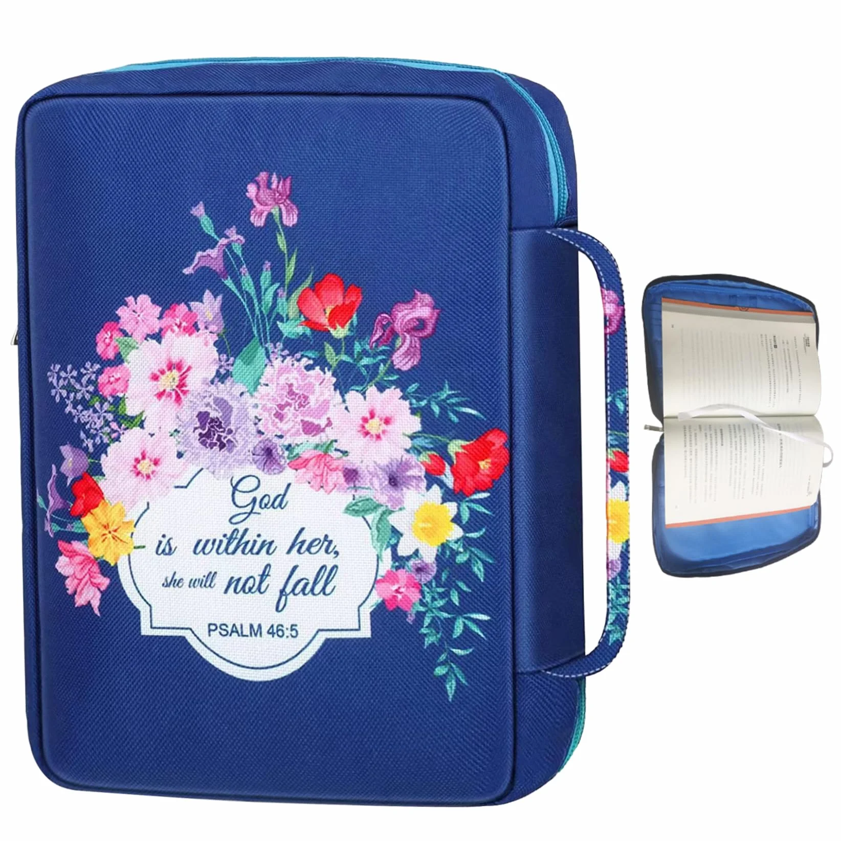 Custodia per Bibbia Donna 25,4 x 17,8 cm Oxford Tessuto Cerniera Floreale Blu