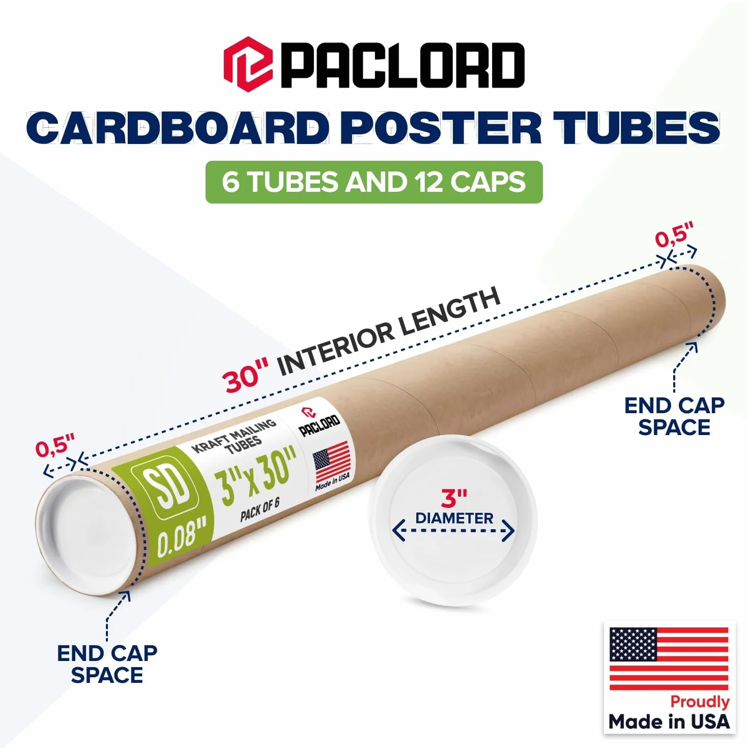Tubo per spedizioni in carta kraft, 7,6 x 76,2 cm, 6 tubi, 12 tappi | Tubo di cartone approvato USPS per la spedizione e la conservazione di poster, stampe, opere d'arte e documenti