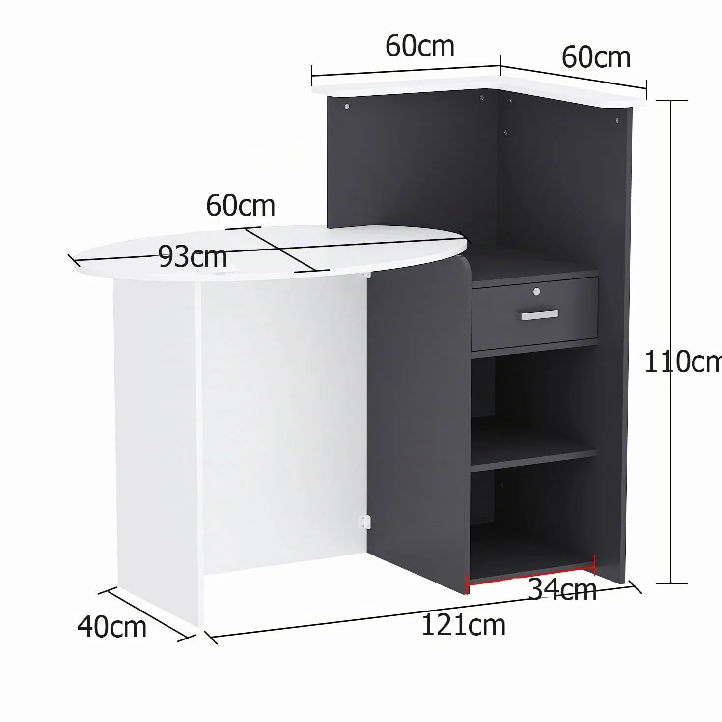 Bancone di reception, Bancone di accoglienza con superficie aperta e 1 cassetto bloccabile, controsoffitto con design Patchwork Nero e Grigio Scuro, MDF, 40 x 121 x 110 cm