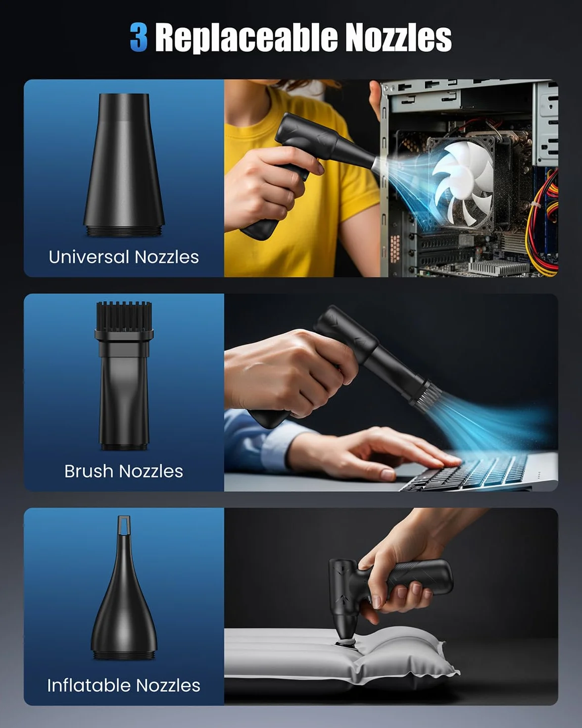 Aria Compressa Elettrico,150.000 RPM Compressore Aria Portatilea,6000 mAh Mini Soffiatore a Batteria,3 Velocità Compressore Aria Portatilea,Soffiatore Aria Compressa per PC,Tastiera,Casa,Divano,Auto
