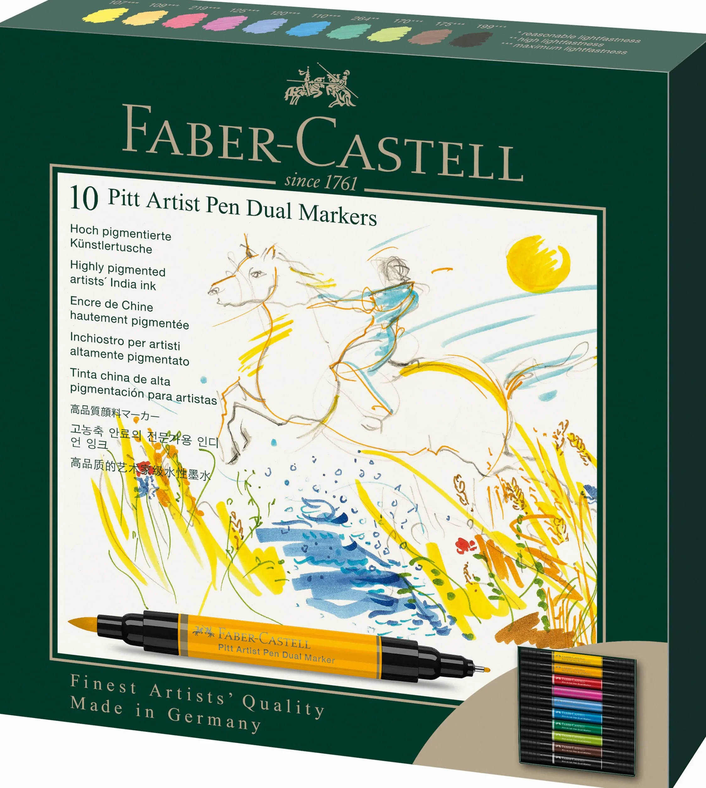 Faber-Castell 162010 - Pitt Artist Pen Dual Marker pennarello a inchiostro, con due punte, una punta a pennello e una punta in fibra con montatura metallica, astuccio in cartoncino da 10