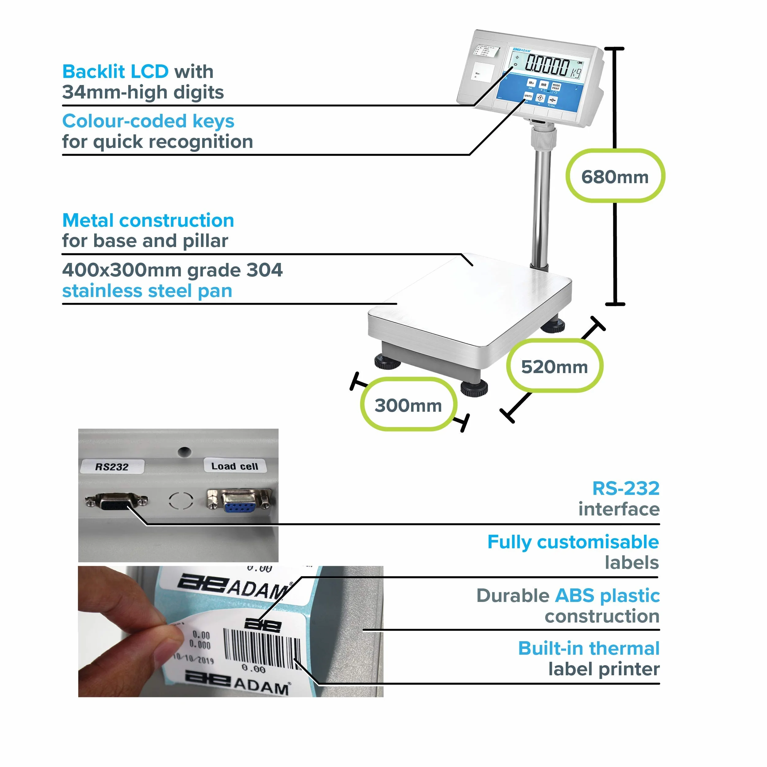 Adam Equipment BKT 120 - Bilancia da banco 120 kg, capacità x 5 g di leggibilità