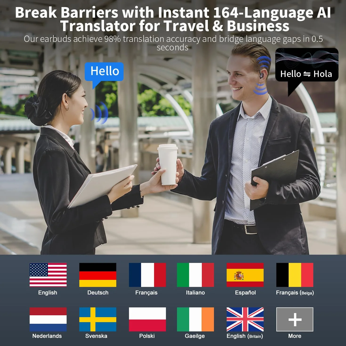 OYIB AI Cuffie Traduzione, Bluetooth 5.4 Auricolari con 164 Lingue/6 Modalità di Traduzione Nero Chiaro