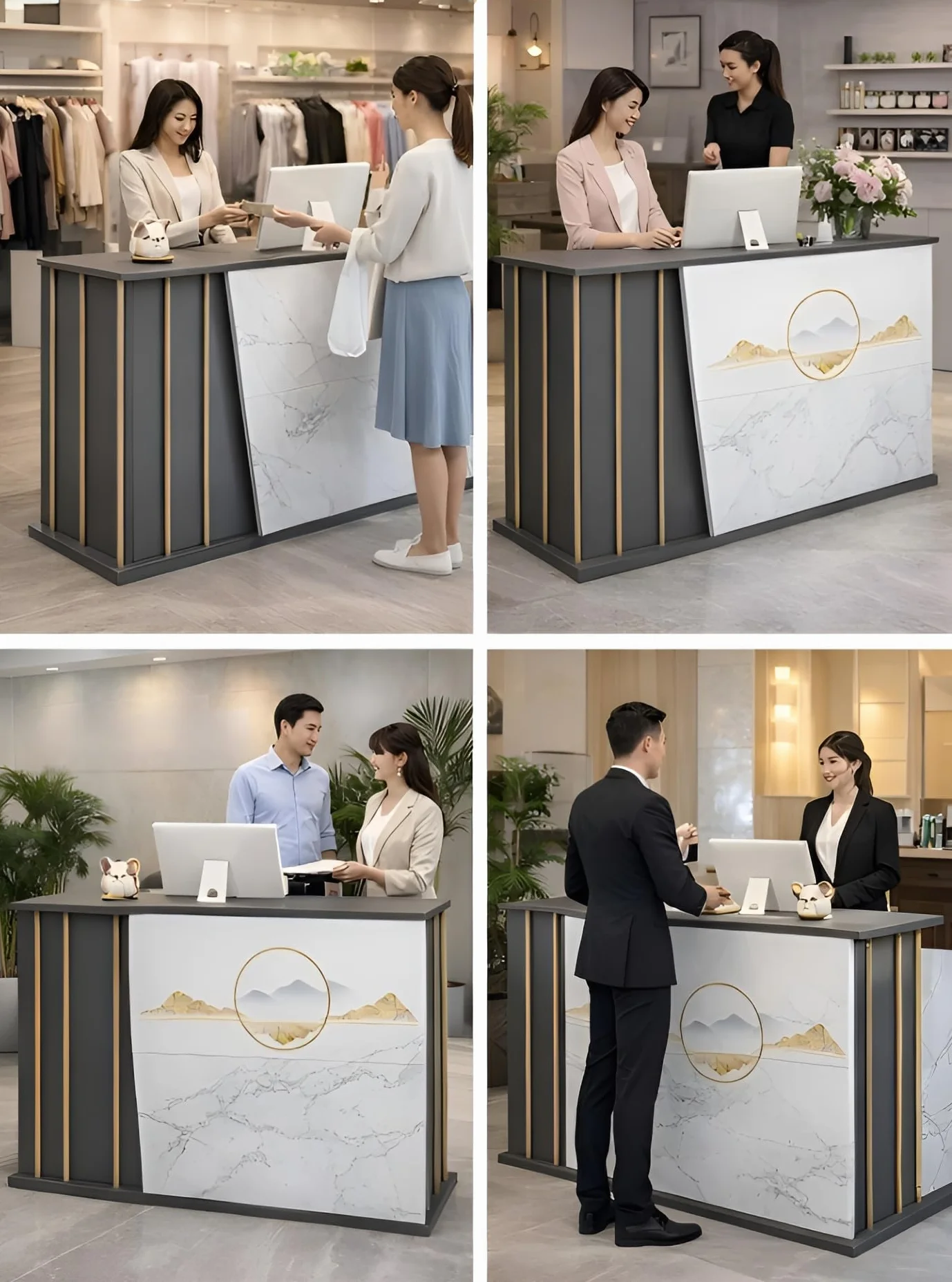 Bancone Reception Multiuso in Legno con 2 Cassetti e 2 Ripiani, Banco Cassa Moderno per Ufficio, Negozio, Salone di Bellezza, Hotel o Supermercato