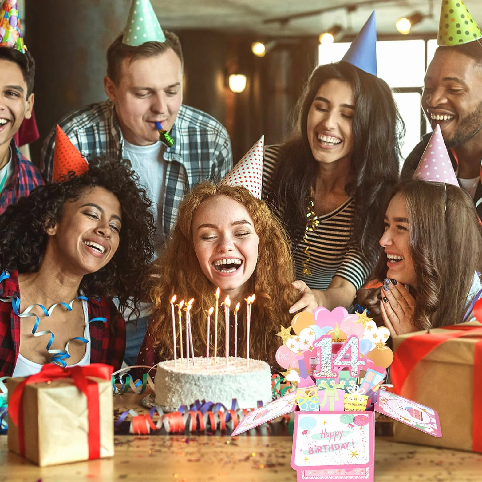 Biglietto Pop-up 3D Lucido 14th Happy Birthday con Busta, Cartolina Compleanno per Ragazza