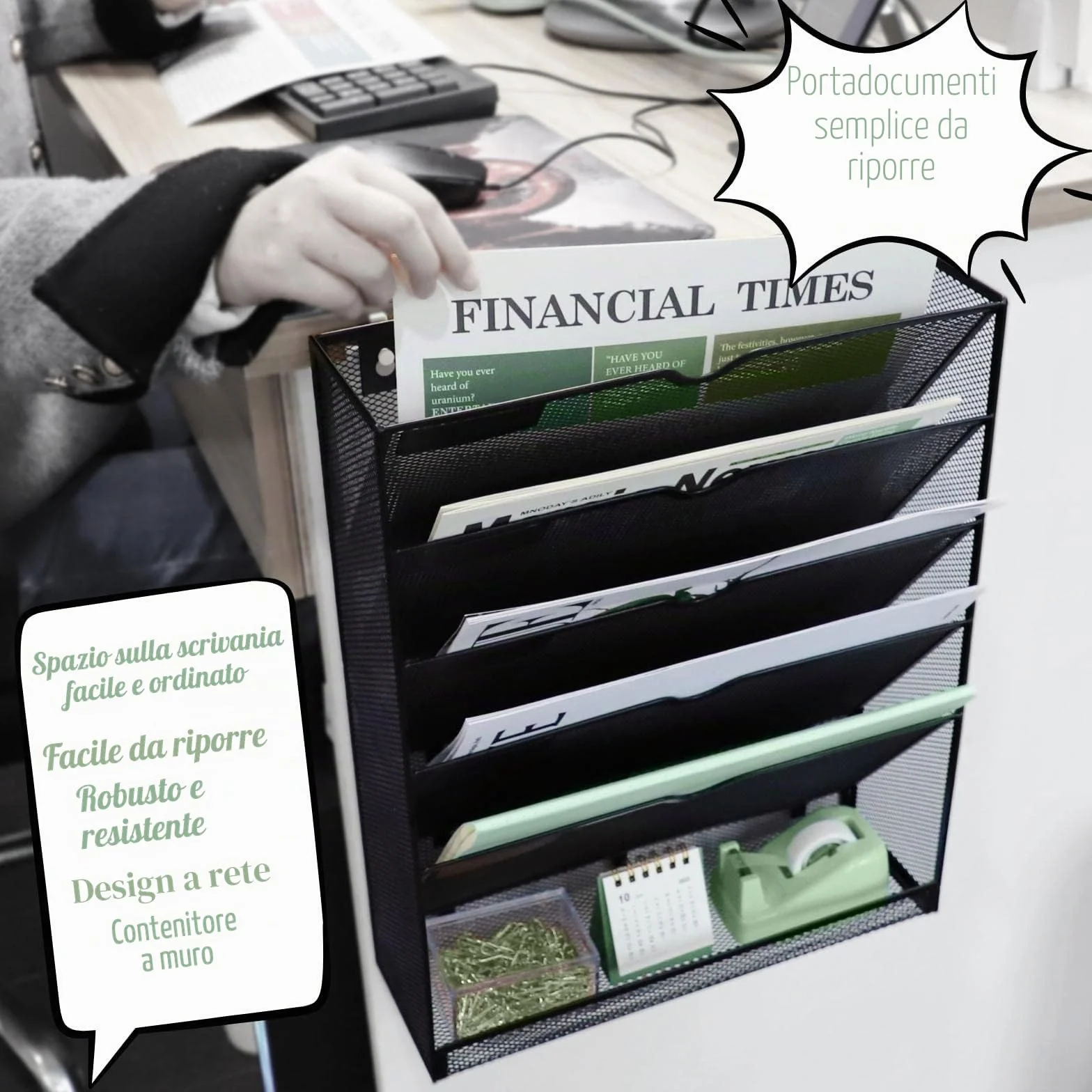 6 Ripiani in Rete A4 da Appendere al Muro, Organizer Documenti Parete,Metallo Portariviste A4 Multifunzione per Scrivania per Riviste, Documenti, Cartelle e Documenti da Scrivania