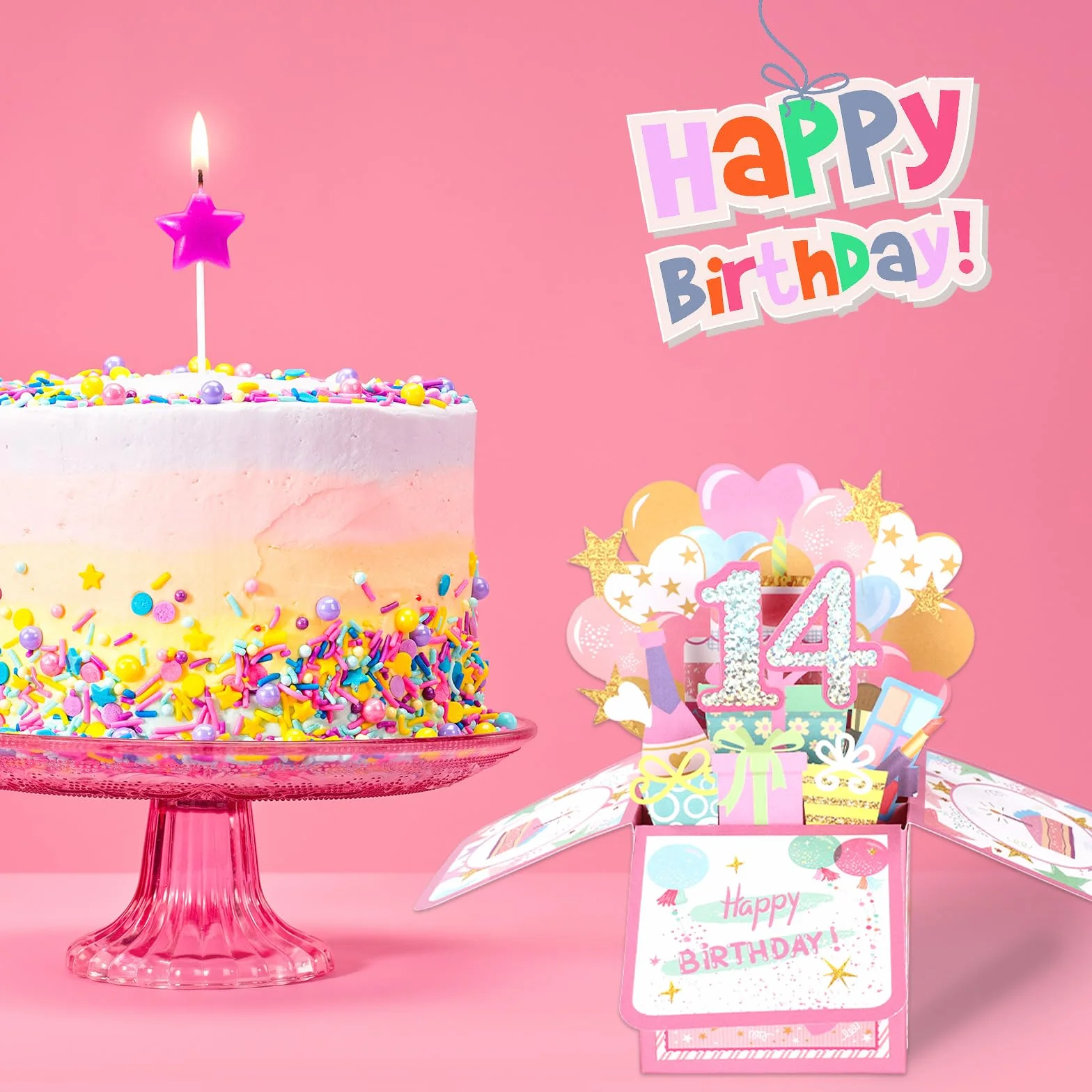 Biglietto Pop-up 3D Lucido 14th Happy Birthday con Busta, Cartolina Compleanno per Ragazza