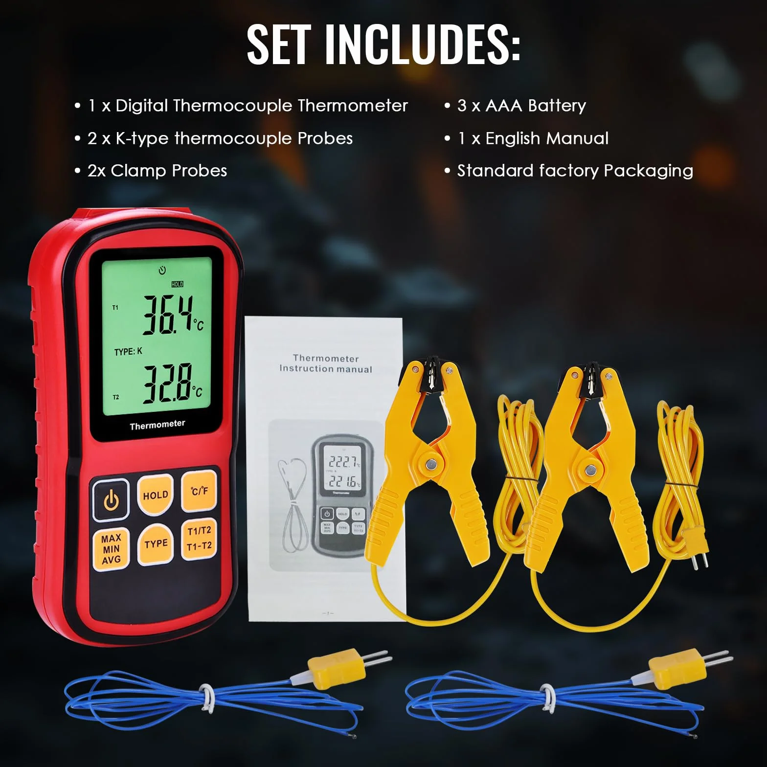 Termometro a termocoppia a doppio canale Tipo K/J/T/E/R/S/N -150~1767 °C Misuratore di temperatura digitale Retroilluminazione 2 sonde