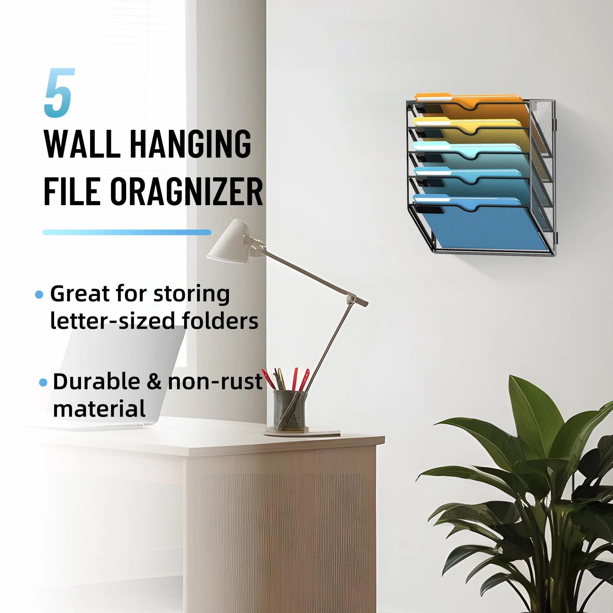 SUPEASY Organizer da parete a 5 ripiani con ganci, organizer per documenti da appendere, organizer per posta da parete, per documenti, cartelle, riviste da ufficio, nero, confezione da 2