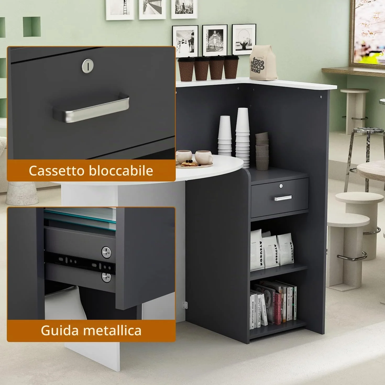 Banco reception Cassettiera con ripiano e cassetto, bancone patchwork nero-grigio, MDF, 40 x 121 x 110 cm