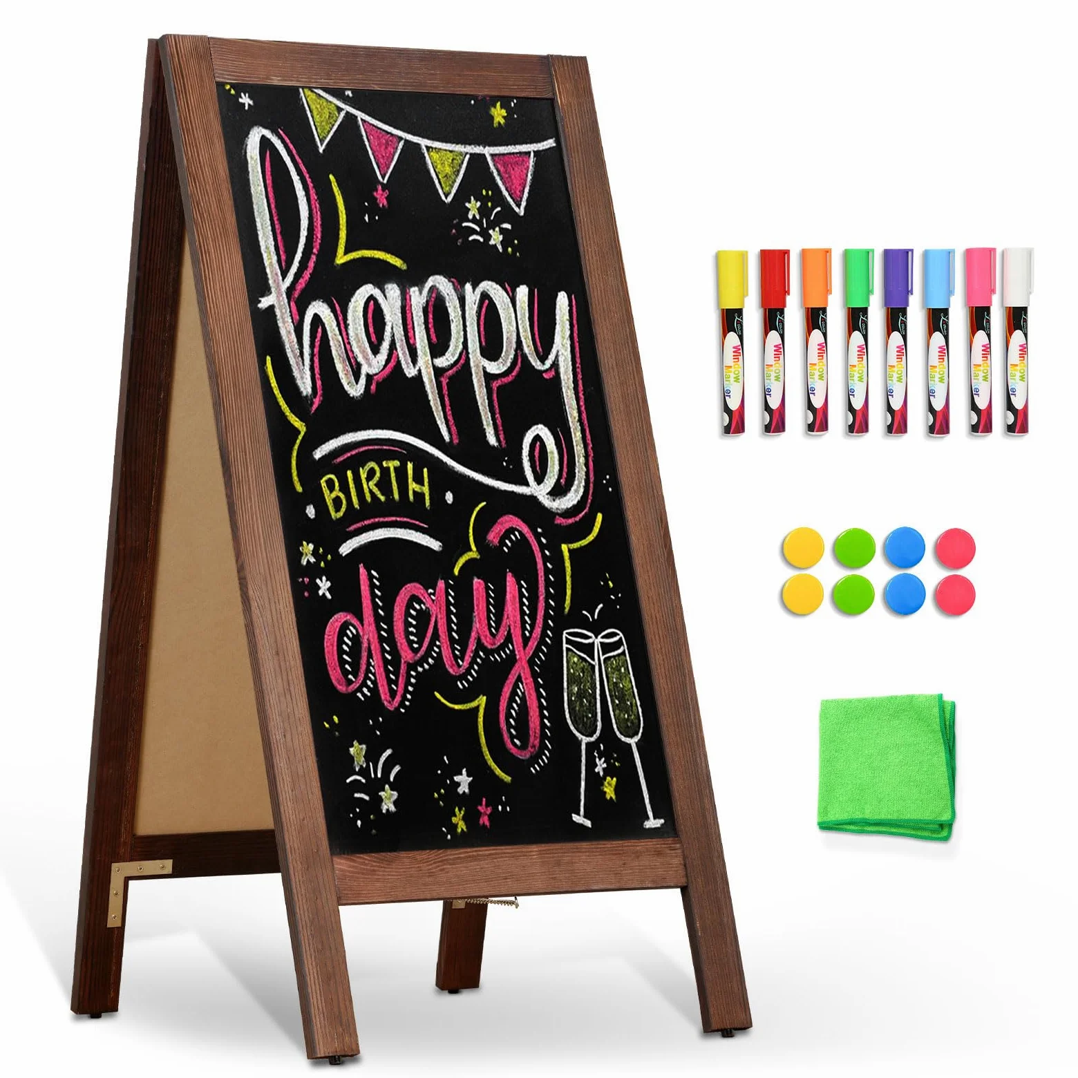 DOLLAR BOSS Lavagna nera con cavalletto Lavagna magnetica bifacciale | 48x100cm lavagna cancellabile con cornice in legno per ristoranti e negozi all'aperto