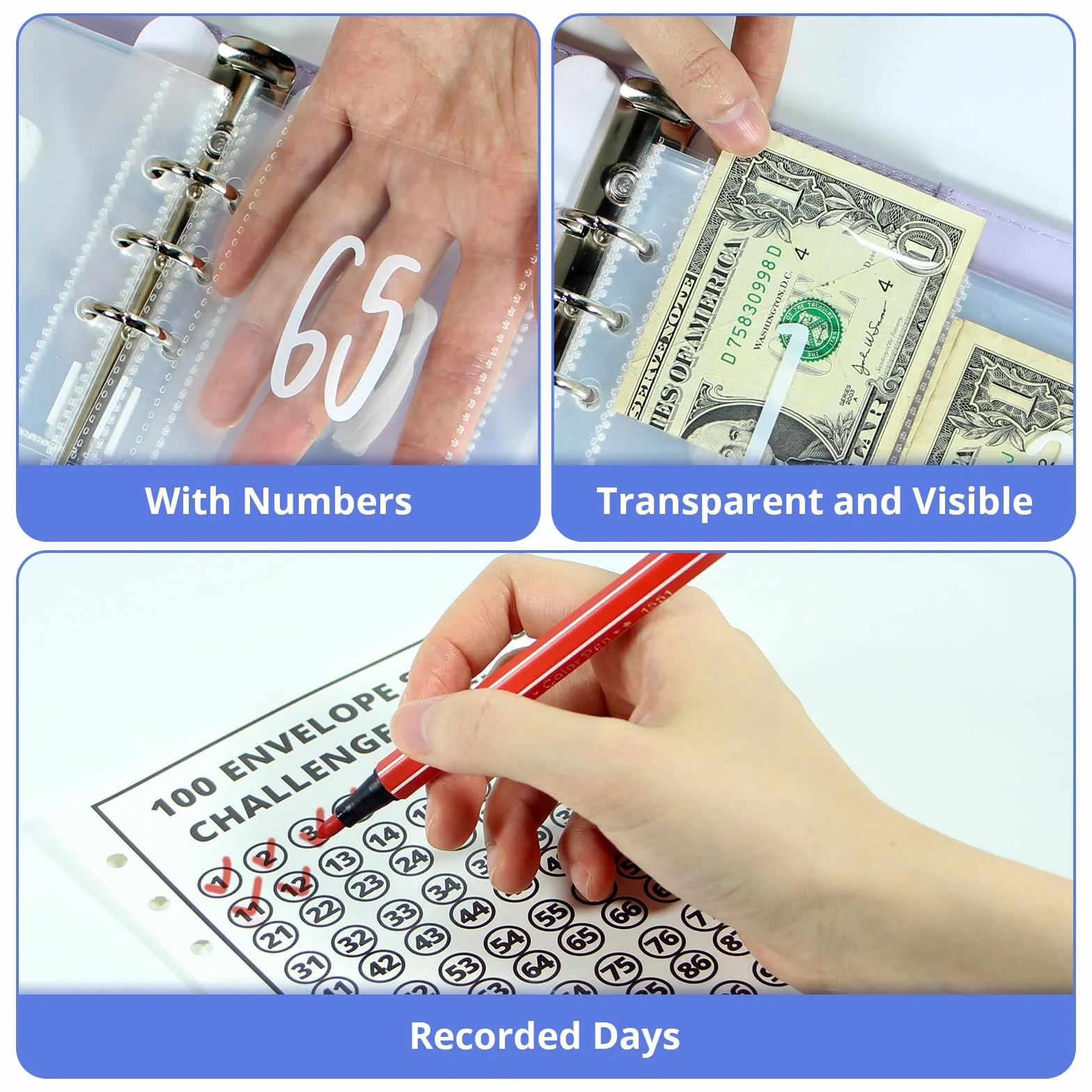 100 Envelope Challenge Binder Budget Planner Kit A5 Salvadanaio Sfida Risparmia denaro con scomparti per banconote e adesivi