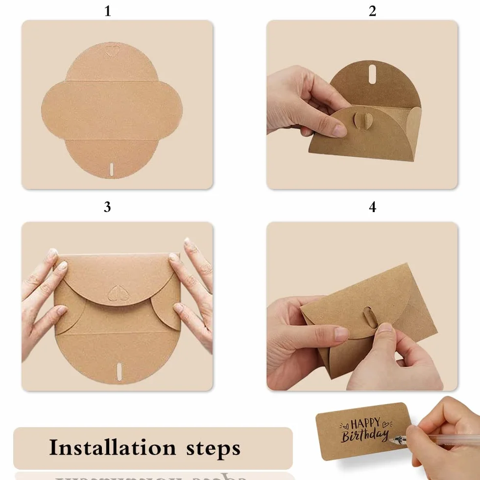 Buste in Carta Kraft 100 Pezzi 10 x 6 cm con Chiusura a Cuore per Partecipazioni Matrimonio