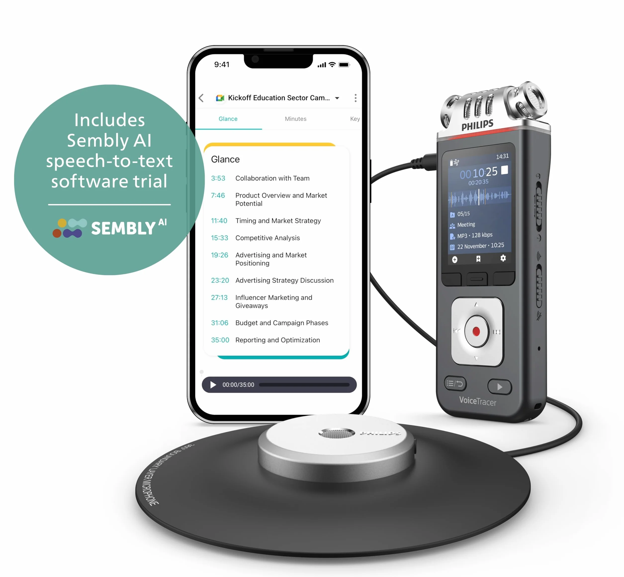 Philips VoiceTracer DVT8115 registratore vocale, Microfono a 360° per riunioni con qualità eccellente. Licenza AI Sembly in prova: l’Intelligenza Artificiale crea riassunti, trascrizioni