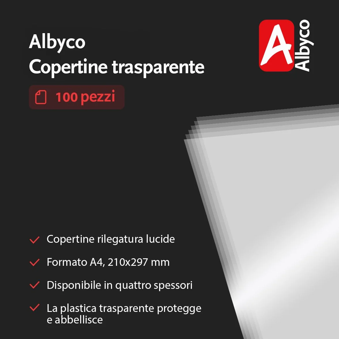 Albyco Copertine Rilegatura Trasparenti A4 0,20 mm 100 Pezzi