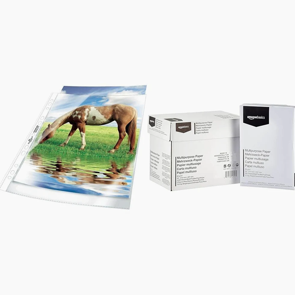 Durevoli 267619 buste per brochure (DIN A4 Premium, 0,08 mm) 100 pezzi di carta per stampante trasparente e Amazon Basics, DIN A4, 80 g/m², 5x500 fogli, bianco