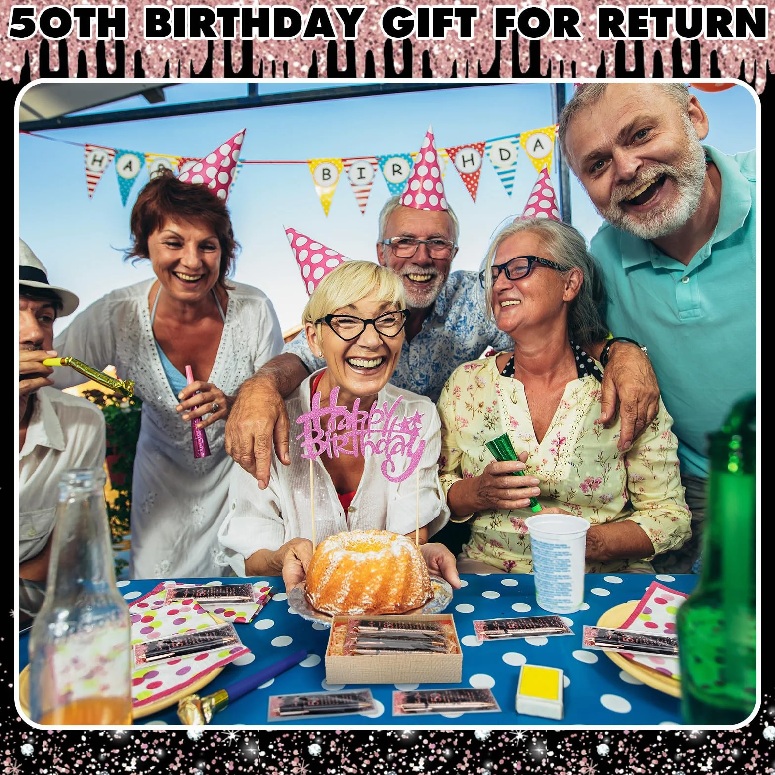 Sayglossy 30 Set di Forniture per il 50° Compleanno per gli Ospiti Include 30 Penne a Sfera con 30 Biglietti di Ringraziamento 50 Sacchetti OPP e 50 Nastri a Torsione per Ufficio, Favori di Compleanno