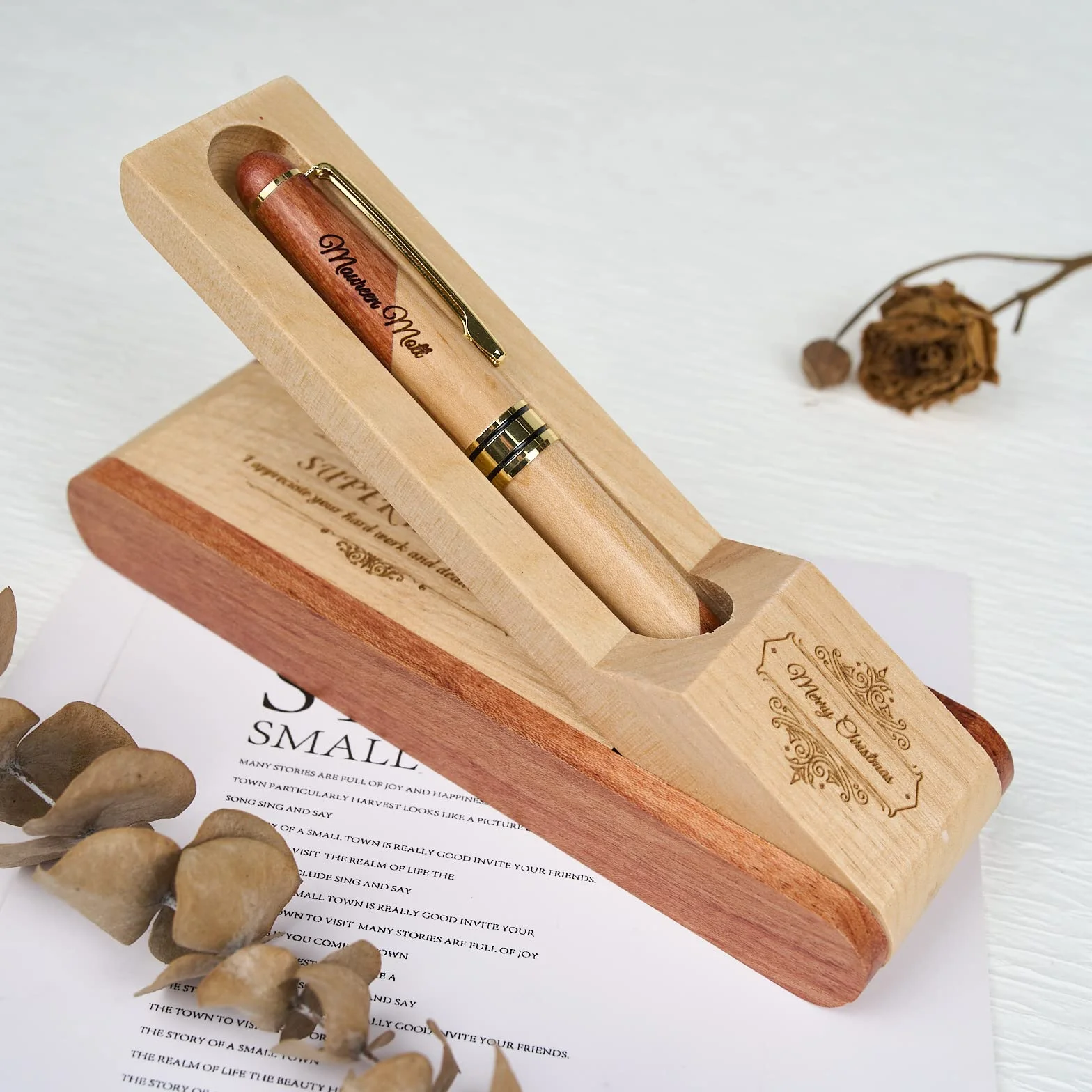 Set di penne in legno incise, penna esecutiva e scatola con personalizzazione gratuita, penna a sfera con custodia per regalo (B)