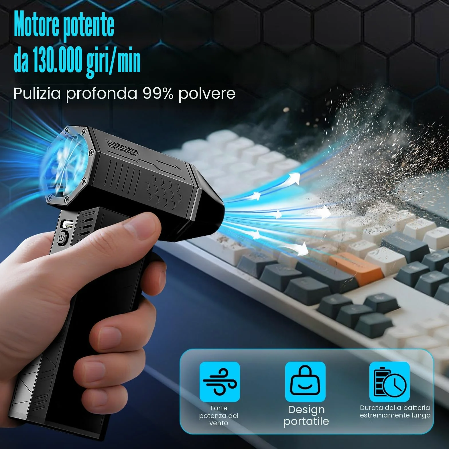 Aria Compressa Elettrico Rimuovi Polvere - 3 Velocità 130000 Giri/Min Mini Soffiatore a Batteria, Turbo Fan con 4 Soffiatore, Pistola ad Aria Compressa per Pulizia di PC, Tastiera, Auto e Divano