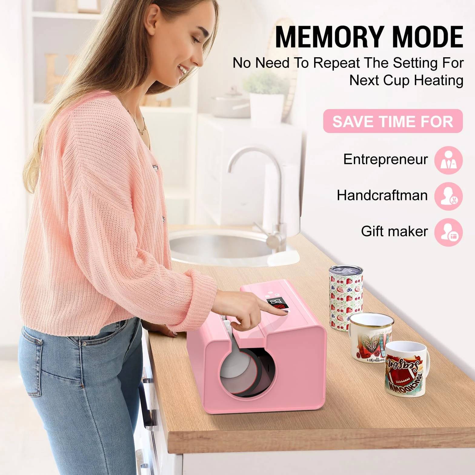 Pressa automatica per tazze, tazze, tazze, tazze da caffè, borracce e borse, controllo preciso dell'ora e della temperatura, regolazione della pressione premendo un pulsante (rosa)