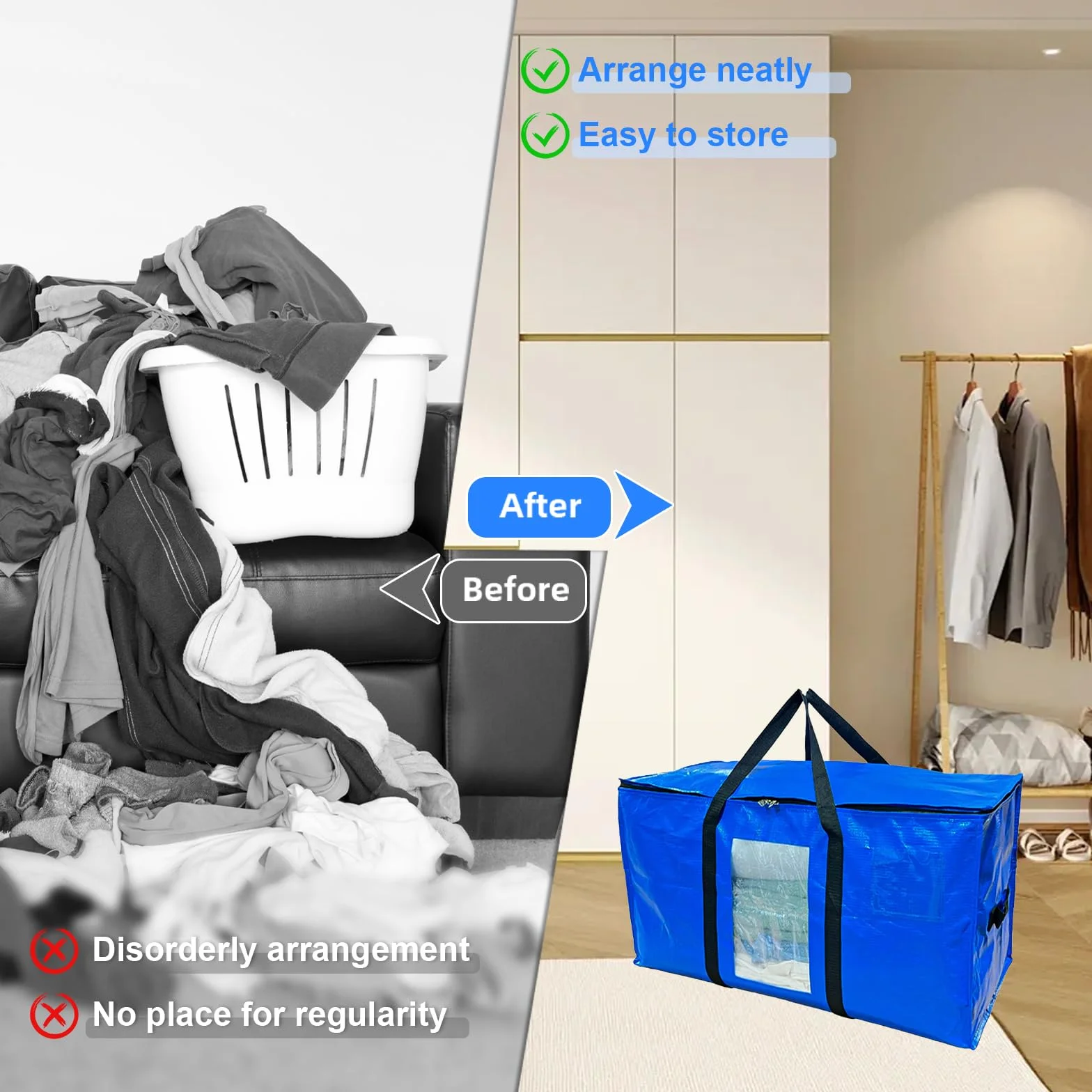 Borse da Trasloco Grandi 100 L con Manici e Cerniere, Borsa Portaoggetti Trasparente per Vestiti Coperte (Nero, Blu)