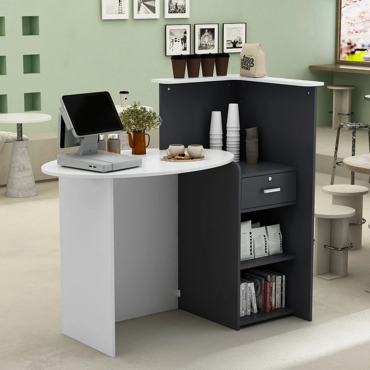 Banco reception Cassettiera con ripiano e cassetto, bancone patchwork nero-grigio, MDF, 40 x 121 x 110 cm