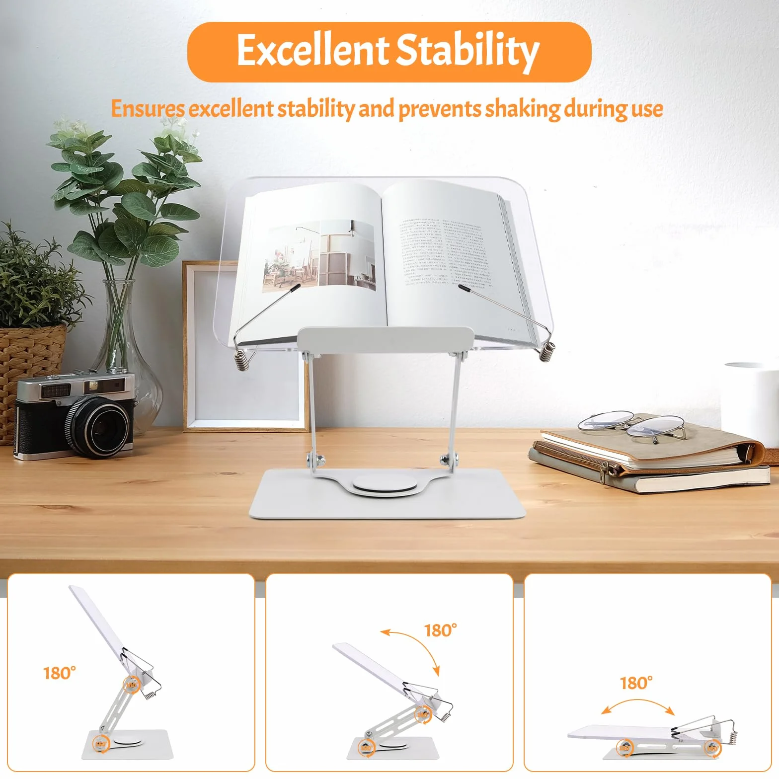 Leggio per Libri in Acrilico con Base Girevole 360° e Clip Elastiche, Regolabile 4,4-39 cm, Pieghevole Porta Libro da Scrivania