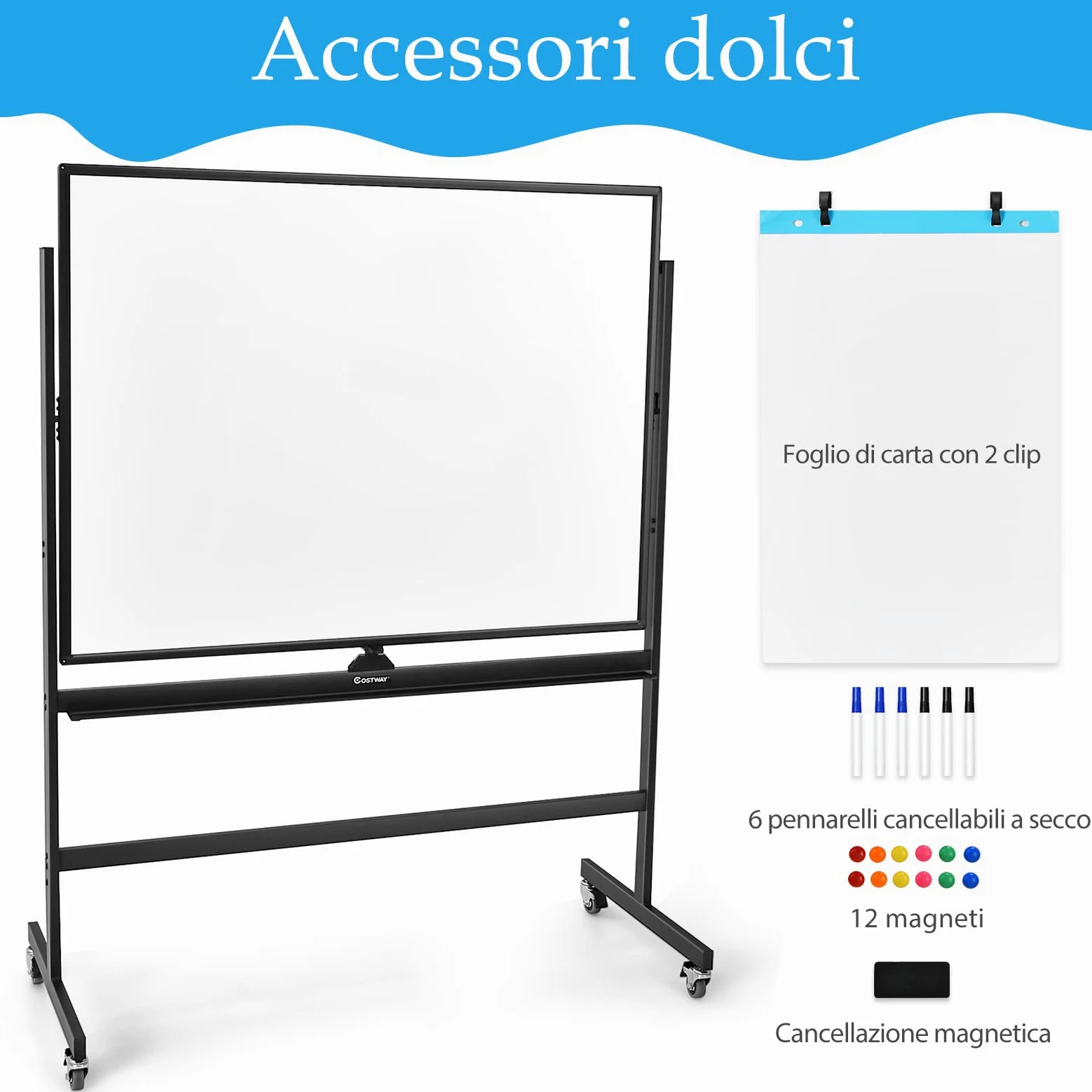 COSTWAY Lavagna Bianca Magnetica Mobile, Lavagna Cancellabile con Altezza Regolabile Girevole a 360°, con 4 Ruote Bloccabili, Doppia Faccia, 90 x 120 cm