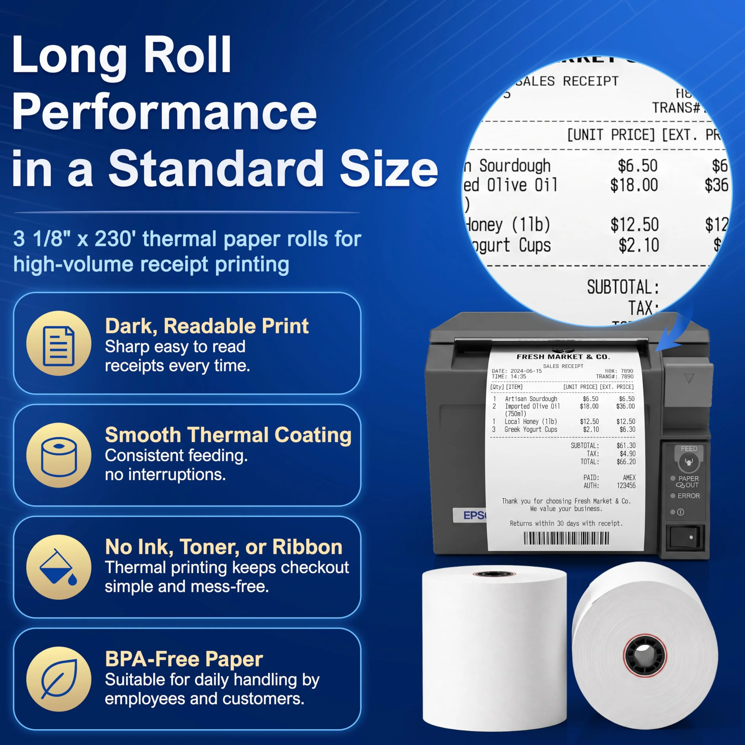 Rotoli termici POS per stampanti Epson, senza BPA, compatibili con TM-T88, TM-T70, TM-T80, TM-T85, TM-H6000, T90, per macchine per carte di credito e stampanti POS, confezione da 12