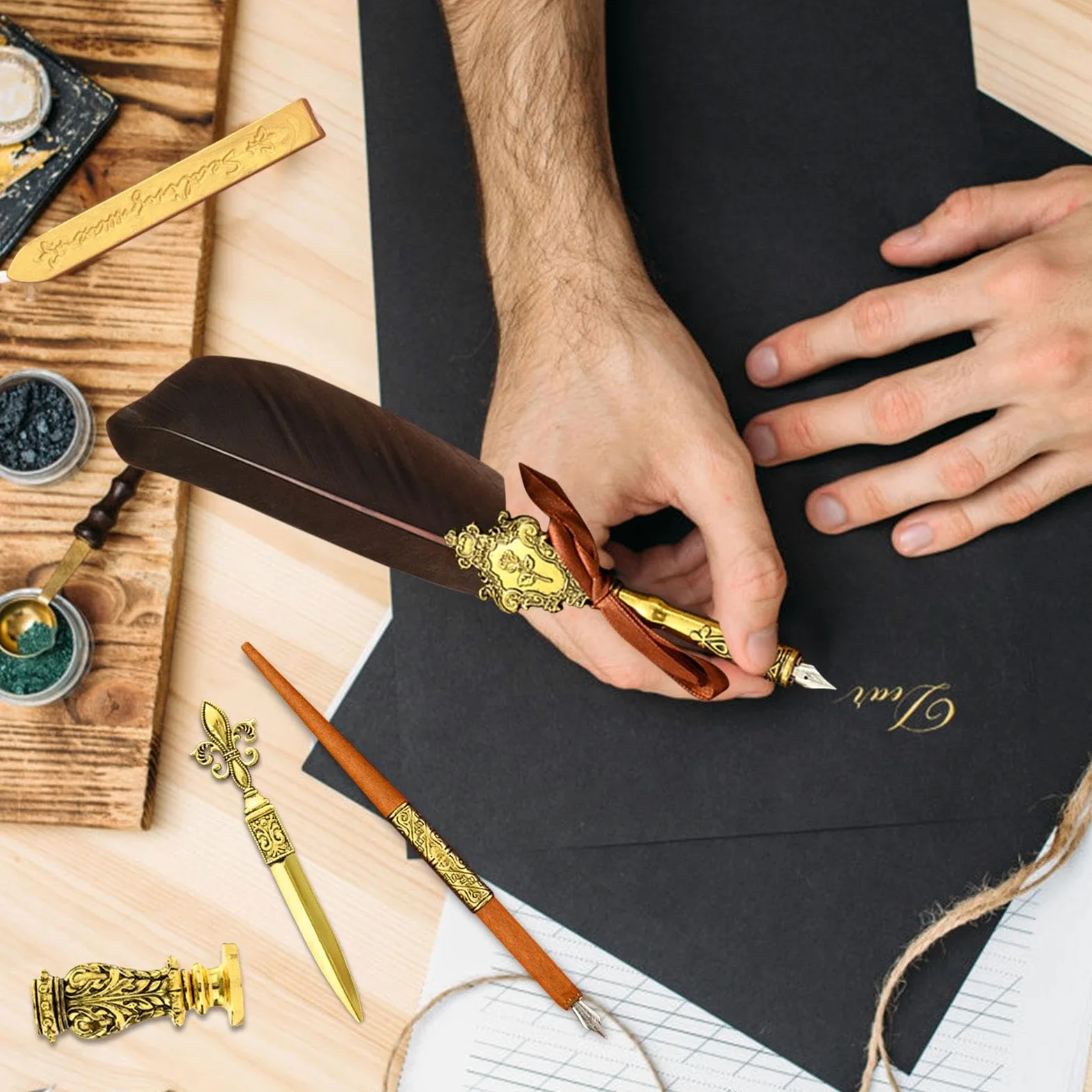 Set di inchiostro con piuma d'oca | Set di penne per calligrafia con piuma | d'oca | Set di sigilli per ceralacca aggiornato con punte di ricambio, penna vintage Signature Pen Set regalo