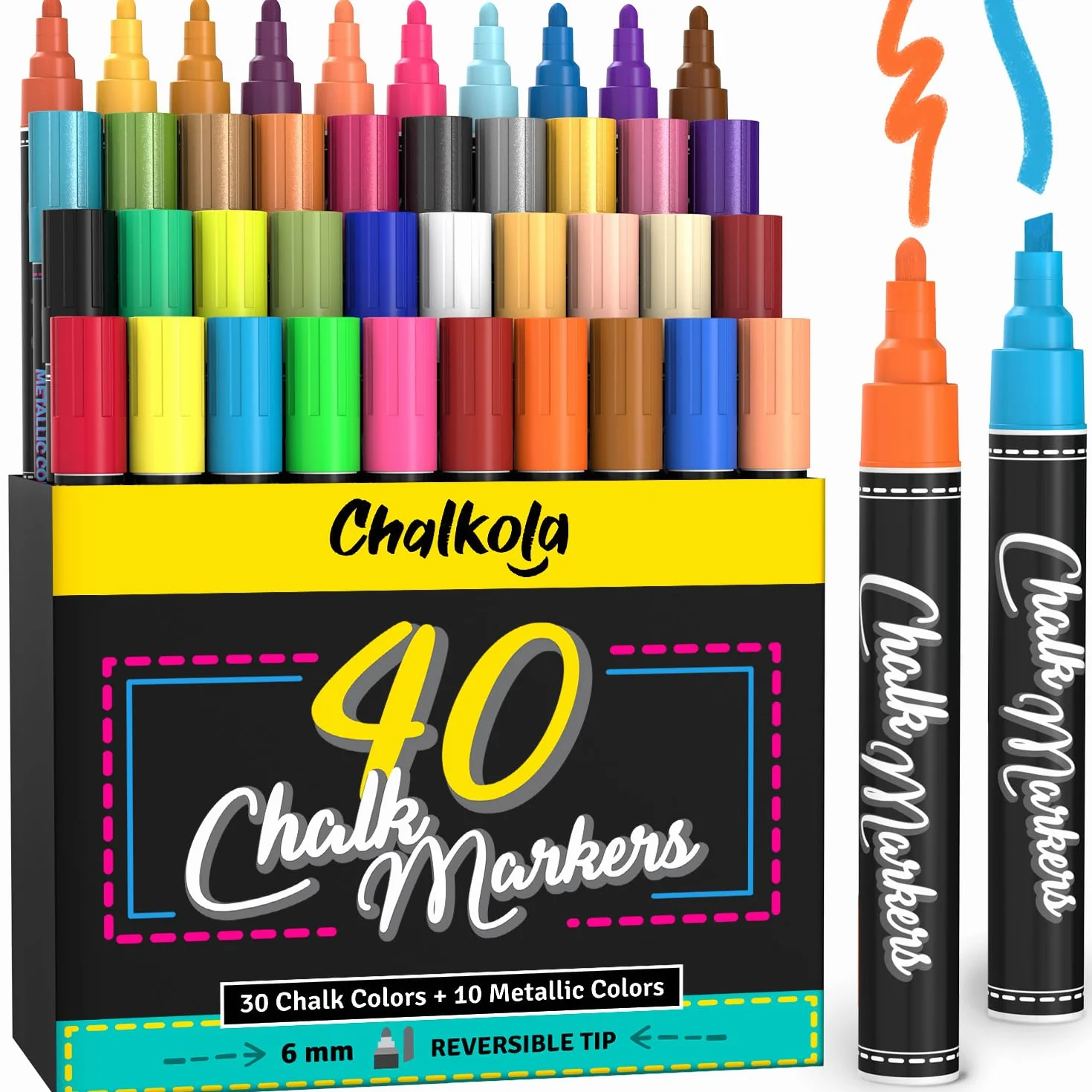 Chalkola Liquid Chalk Pens for Blackboard, Chalkboard, Whiteboard, Window, Labels, Glass, Board - Pack of 40 (Neon, Pastel & Metallic) Paint Colours - Wipeable Chalk Markers - 6mm Reversible Tip
