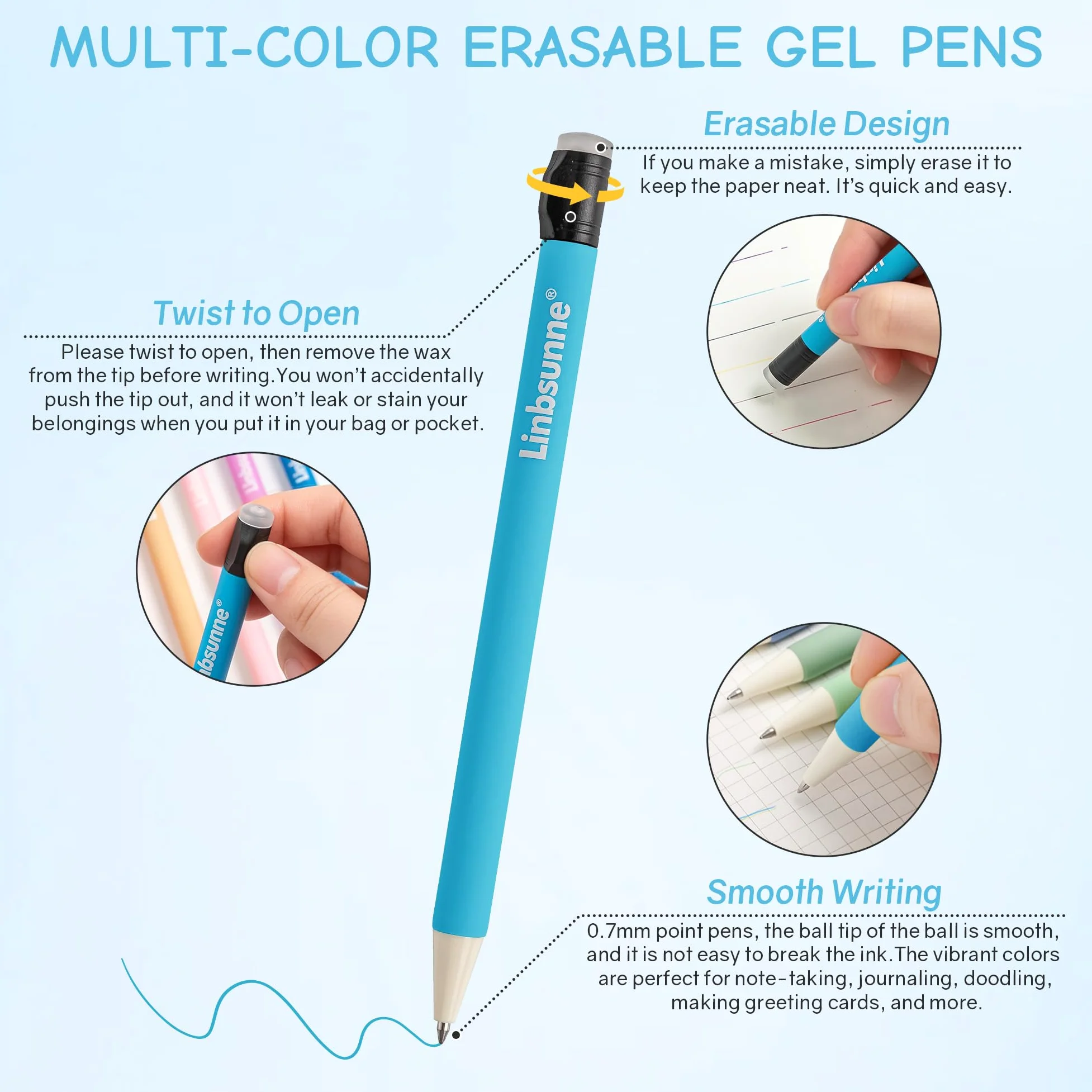 Linbsunne Penne gel cancellabili da 0,7 mm, punta media, scrittura liscia, 36 colori assortiti, penne a inchiostro per scrivere, disegnare, diari, planner (36 pezzi)