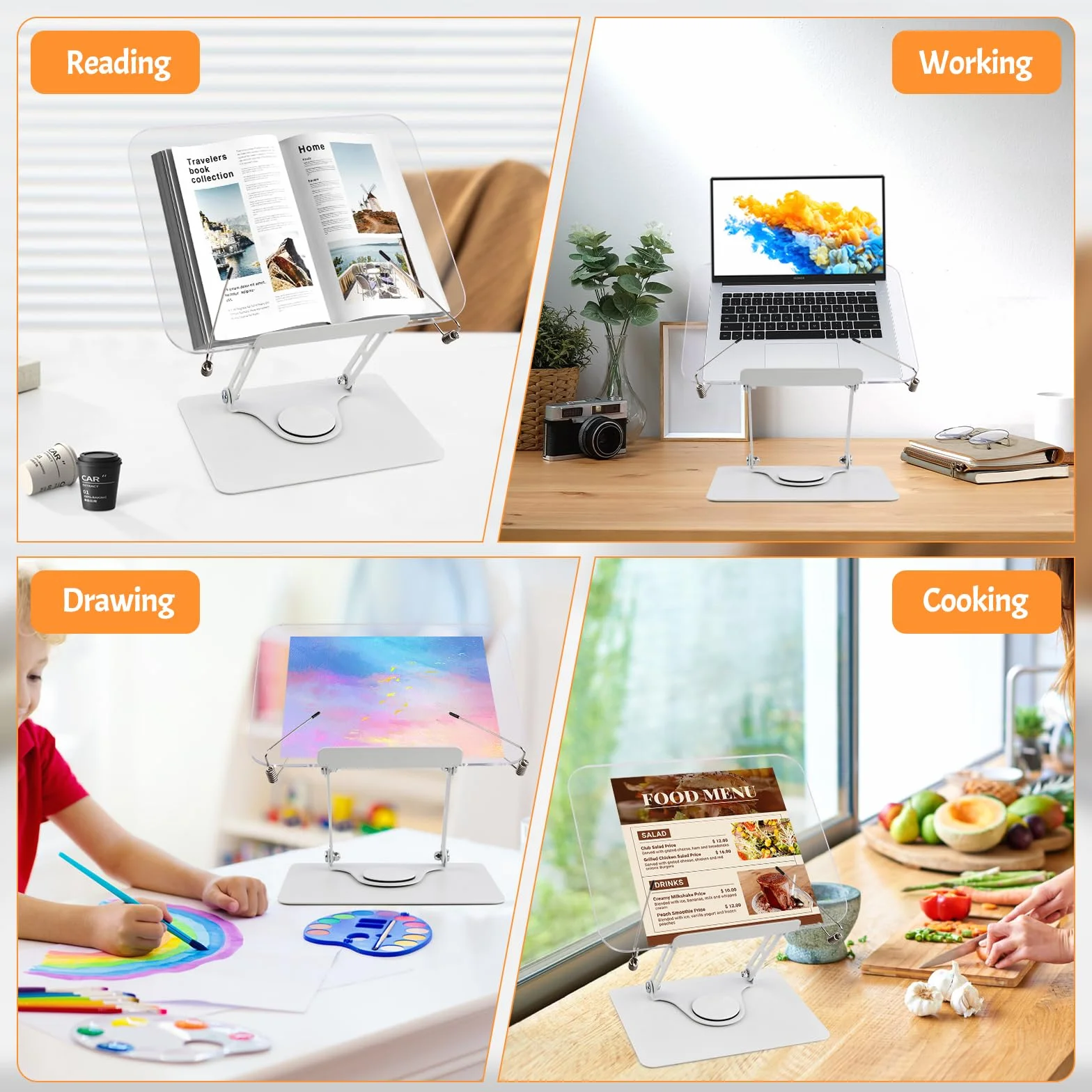 Leggio per Libri in Acrilico con Base Girevole 360° e Clip Elastiche, Regolabile 4,4-39 cm, Pieghevole Porta Libro da Scrivania