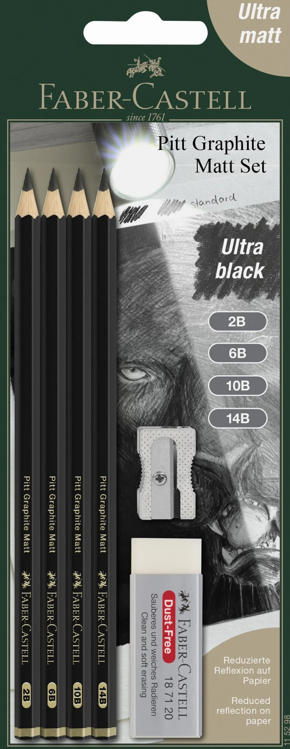 Faber-Castell Pitt Monochrome Matite Grafite Set 4 Pezzi Gradi 2B 6B 10B 14B Ultra Opaco