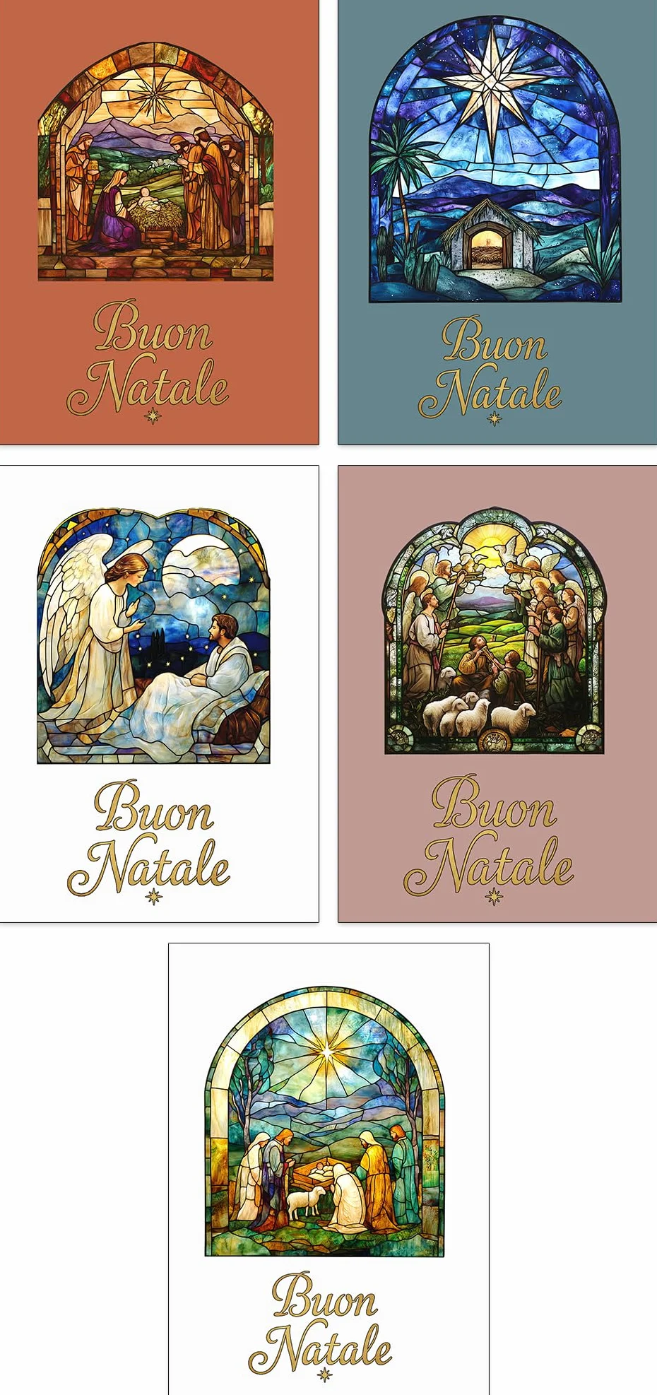 Set di 30 Biglietti di Natale Religiosi A6 con Vetrate 10 Design Cristiani Buste Bianche